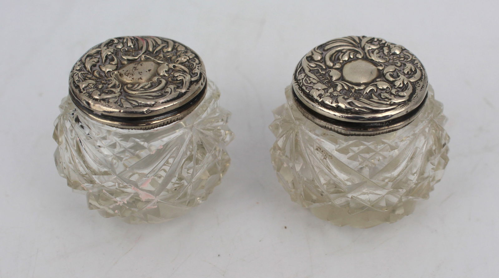 Pair of Cut Glass Silver Topped Pots Birmingham 1907 Henry Hobson - 2
