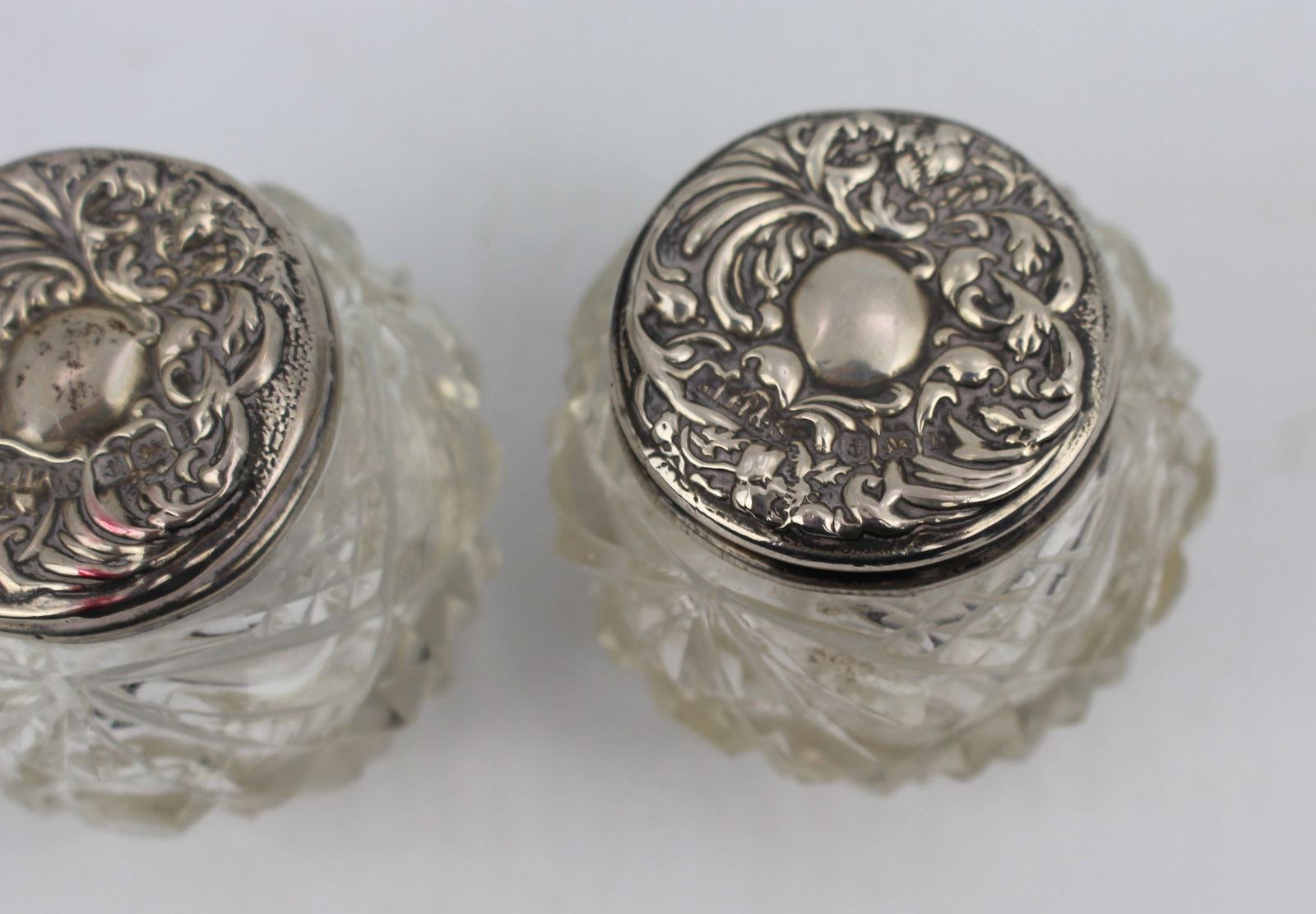 Pair of Cut Glass Silver Topped Pots Birmingham 1907 Henry Hobson - 3