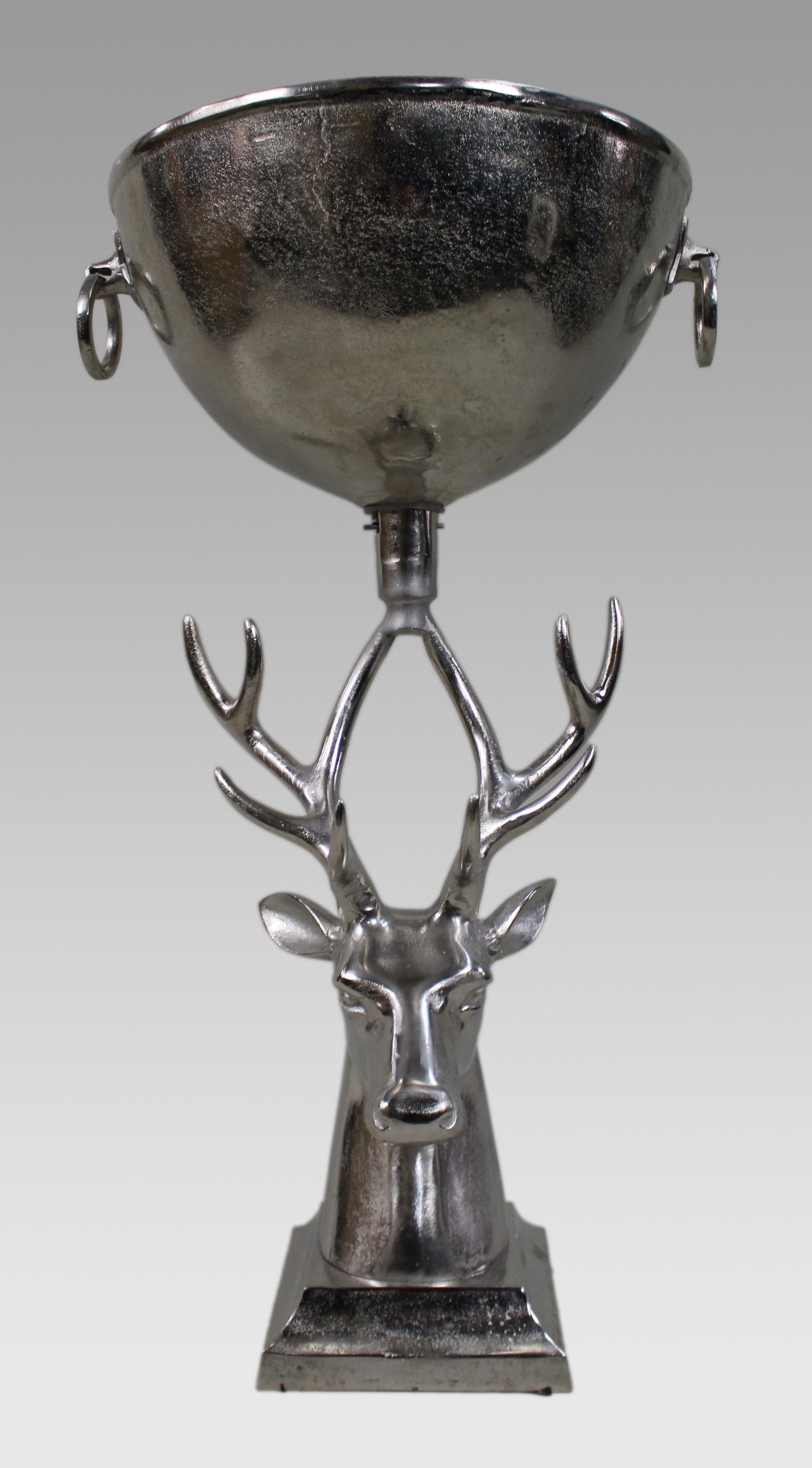 Large Sculptural Silvered Metal Stag Centrepiece Bowl: Title: Large Sculptural Silvered Metal Stag Centrepiece Bowl Description: Large Sculptural Silvered Metal Stag Centrepiece Bowl Contemporary, 21st Century United Kingdom A bold and highly
