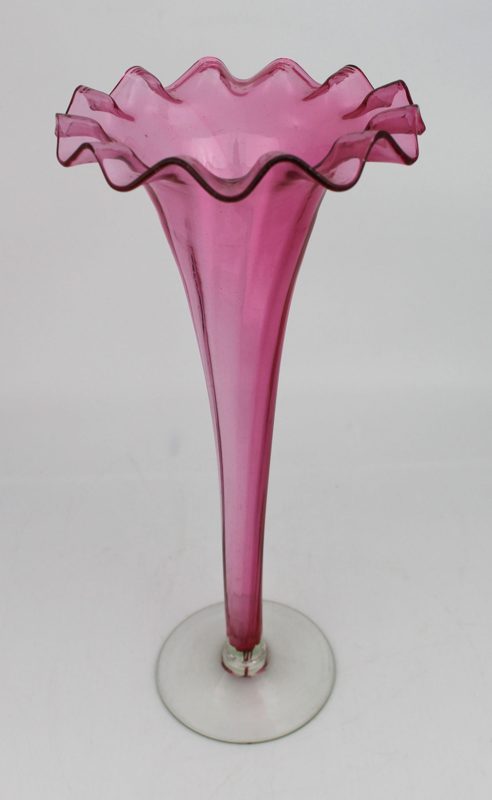 Victorian Cranberry Glass Frilled Top Trumpet Vase - 2
