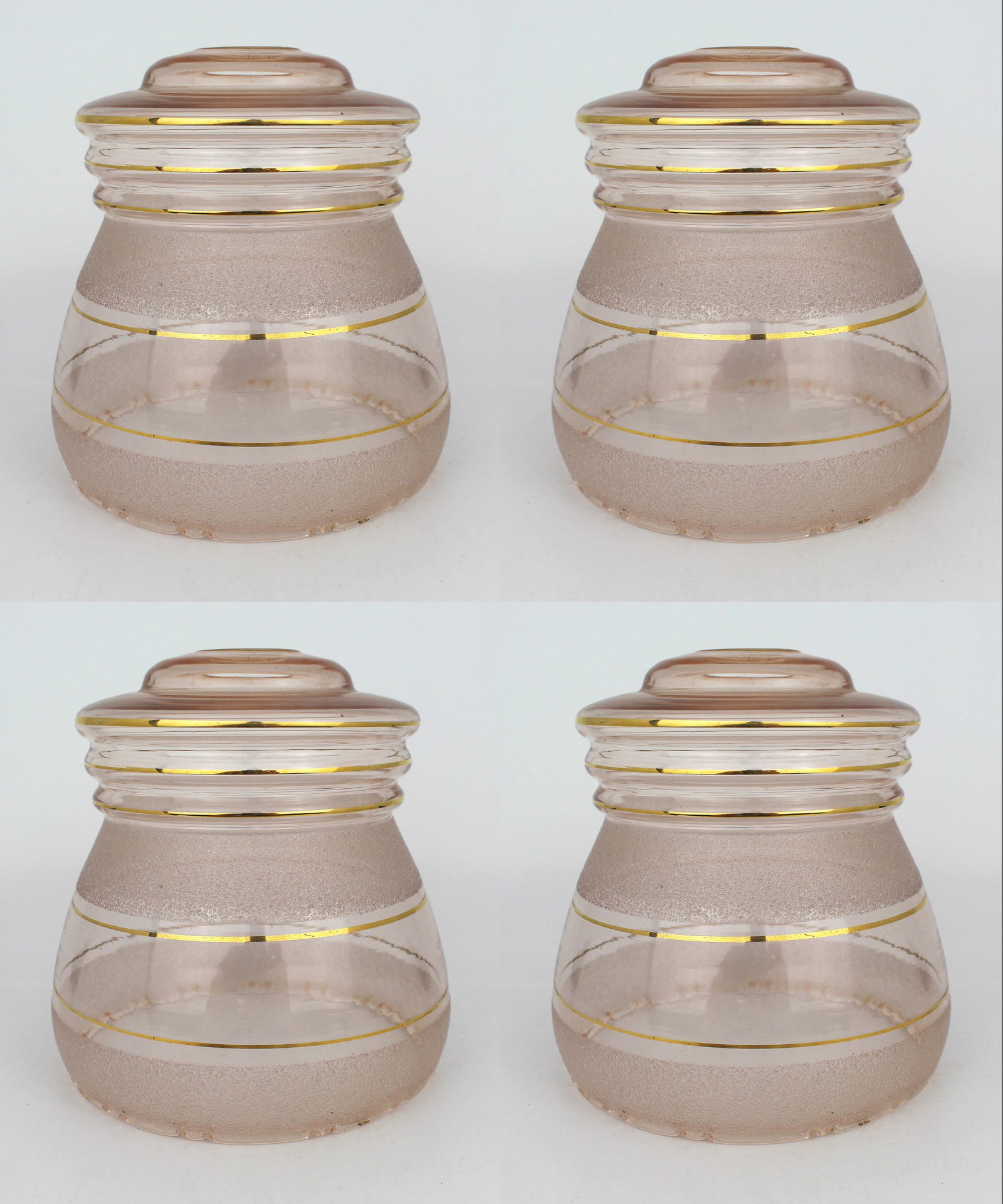 4 x Turned Pink Glass Lampshades: Title: 4 x Turned Pink Glass Lampshades Description: Turned Pink Glass Gilt Measures 13.5 x 13.5 x 14 (height) cm Fitting opening 3 cm Very good condition commensurate with age, very minor