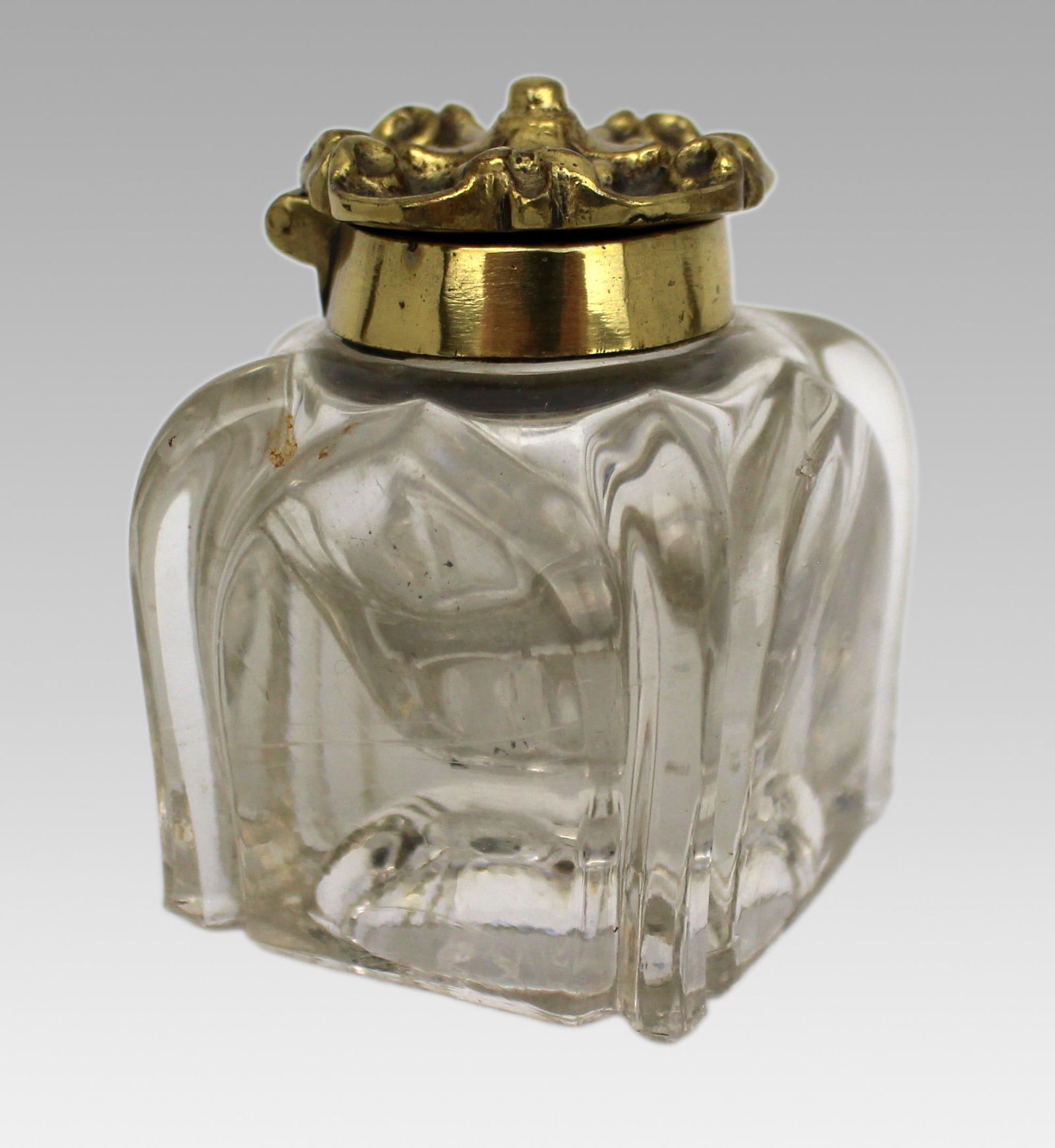 Antique Cut Glass and Brass Crown-Top Inkwell, c. 1900 - 2
