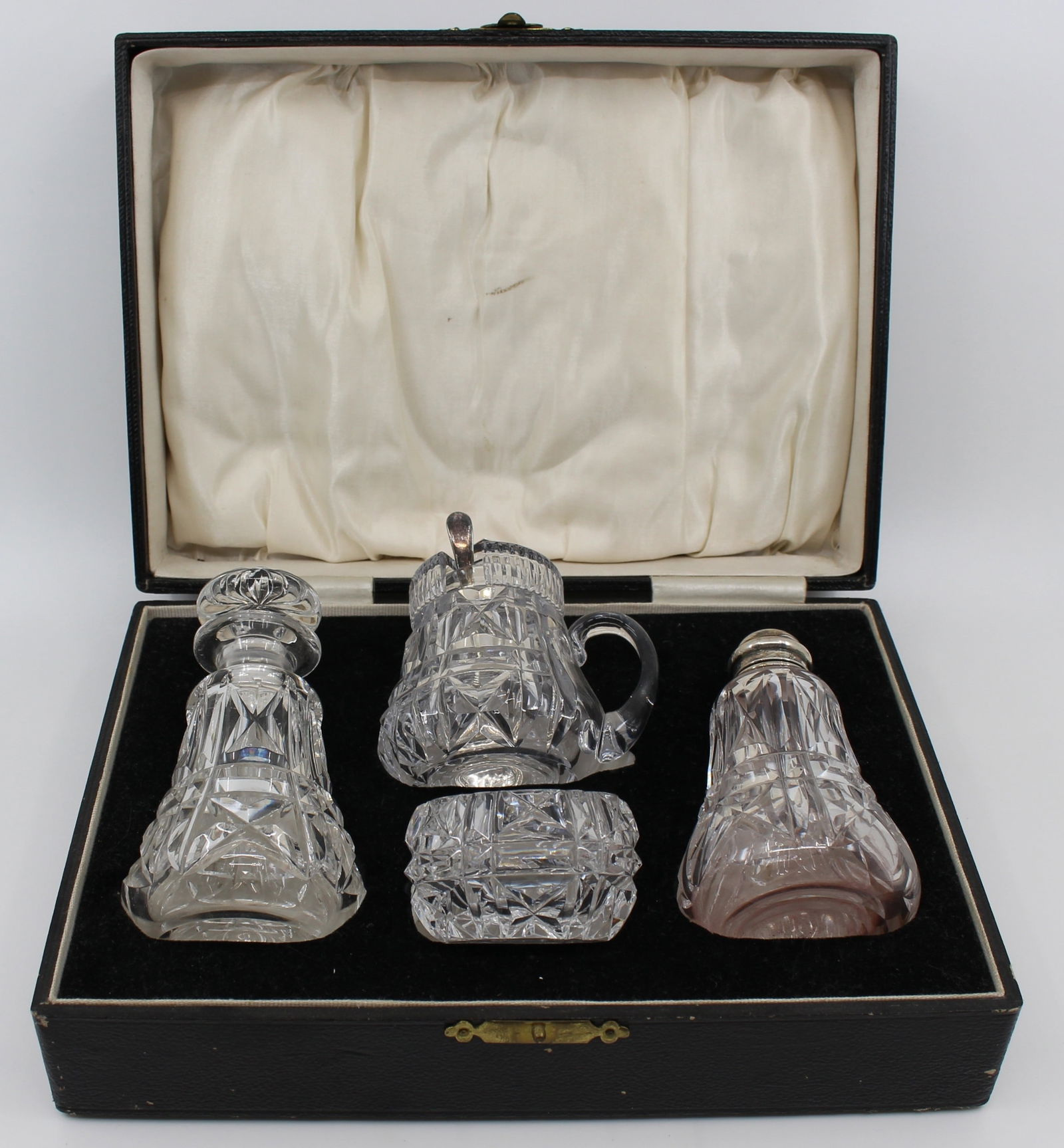 Cased John Walsh Crystal & Silver Cruet Set 1925: Title: Cased John Walsh Crystal & Silver Cruet Set 1925 Description: Cased John Walsh Crystal & Sterling Silver Cruet Set – Birmingham 1925 A superb early 20th-century