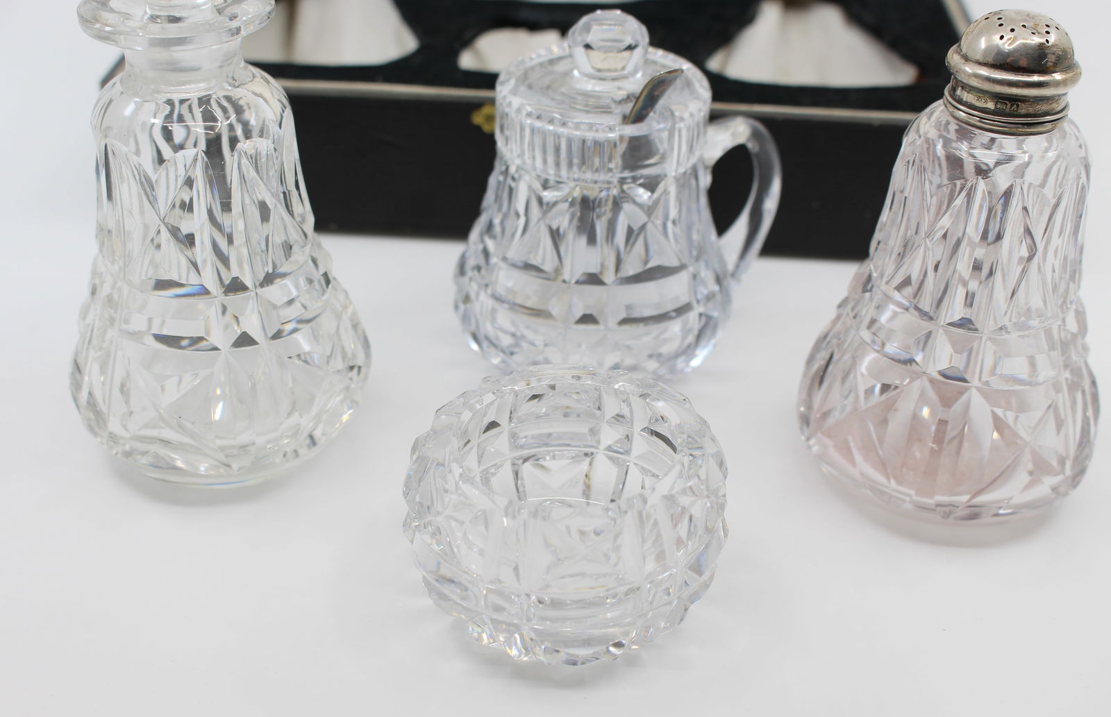 Cased John Walsh Crystal & Silver Cruet Set 1925 - 5