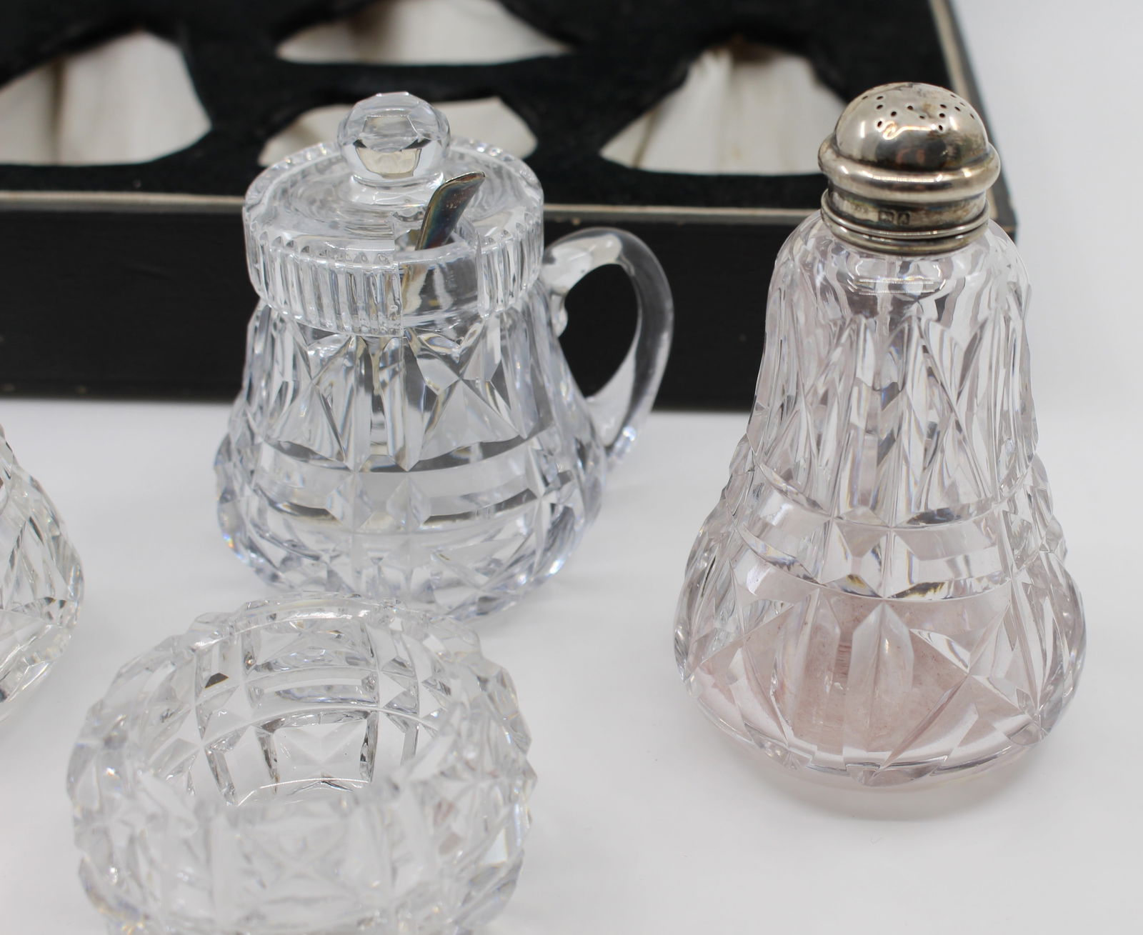 Cased John Walsh Crystal & Silver Cruet Set 1925 - 6