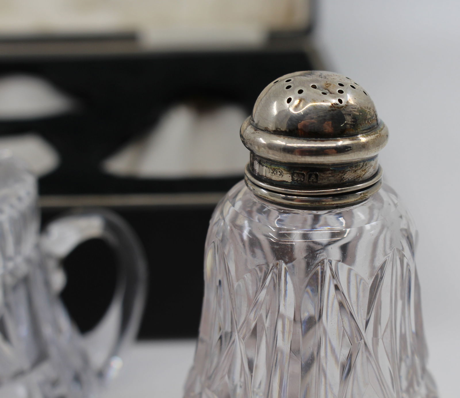 Cased John Walsh Crystal & Silver Cruet Set 1925 - 7