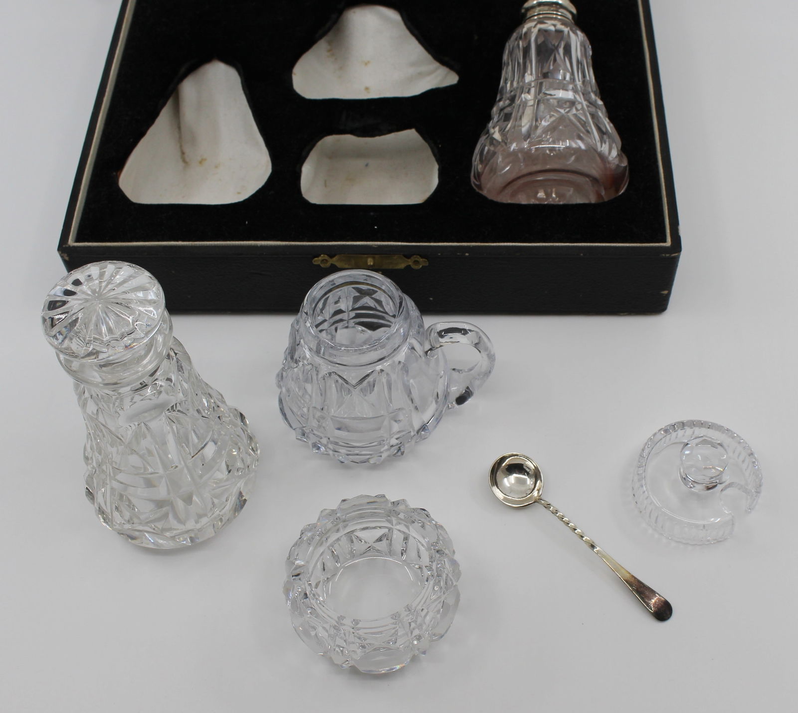 Cased John Walsh Crystal & Silver Cruet Set 1925 - 8