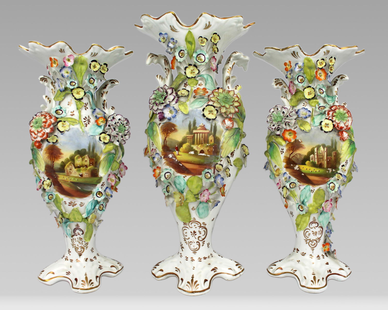 Garniture of Three English Flower-Encrusted Porcelain Vases, c.1850 (probably Samuel Alcock & Co.... - 12