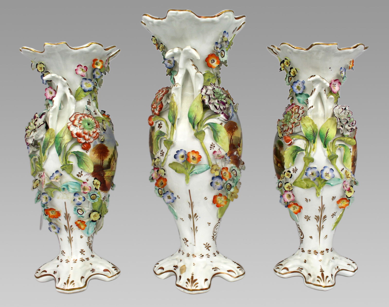 Garniture of Three English Flower-Encrusted Porcelain Vases, c.1850 (probably Samuel Alcock & Co.... - 16