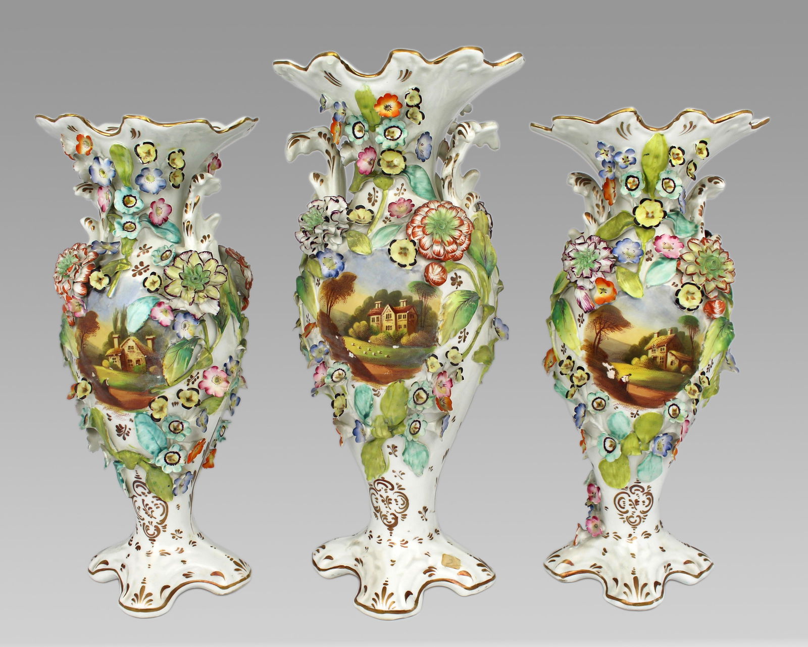 Garniture of Three English Flower-Encrusted Porcelain Vases, c.1850 (probably Samuel Alcock & Co.... - 17