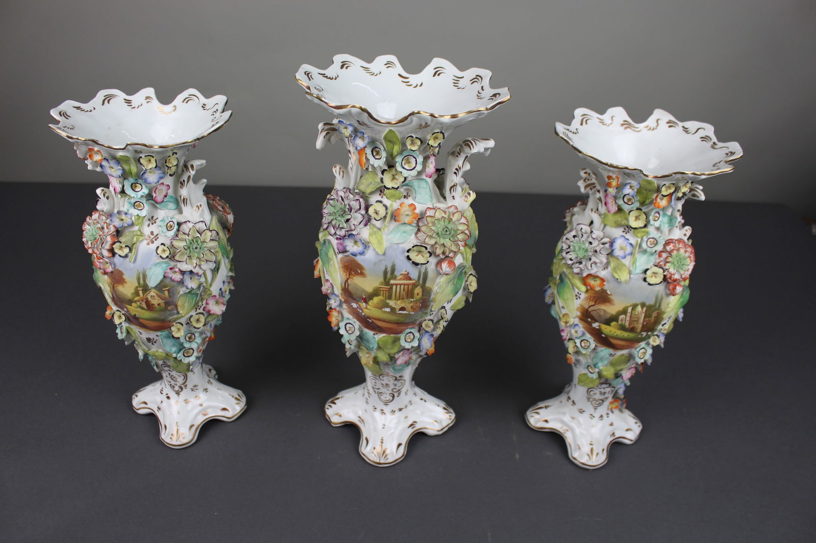 Garniture of Three English Flower-Encrusted Porcelain Vases, c.1850 (probably Samuel Alcock & Co.... - 2