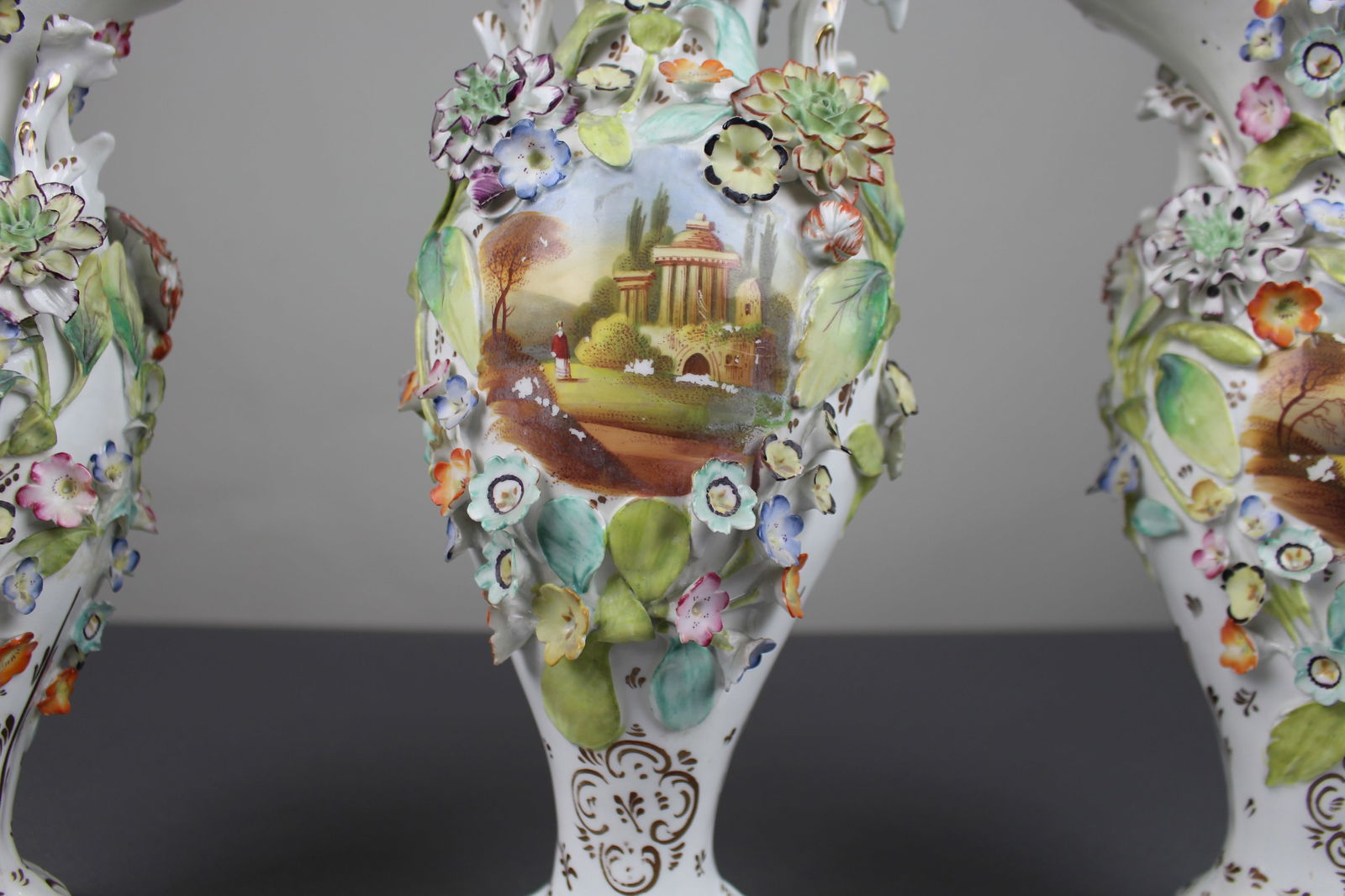 Garniture of Three English Flower-Encrusted Porcelain Vases, c.1850 (probably Samuel Alcock & Co.... - 3