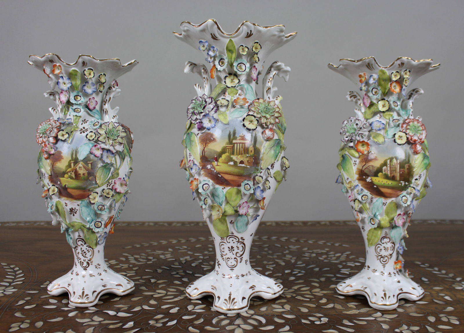 Garniture of Three English Flower-Encrusted Porcelain Vases, c.1850 (probably Samuel Alcock & Co.... - 4