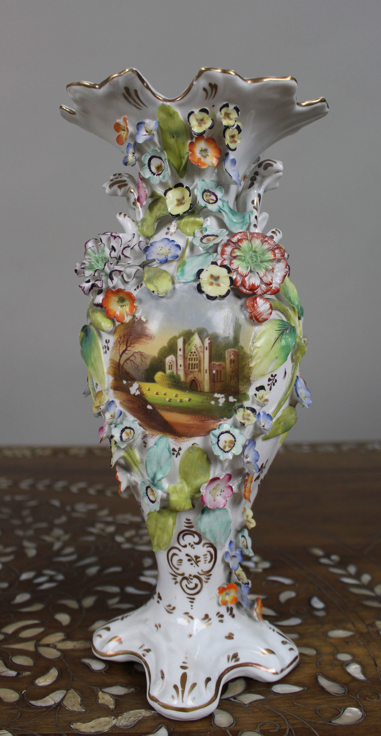 Garniture of Three English Flower-Encrusted Porcelain Vases, c.1850 (probably Samuel Alcock & Co.... - 9