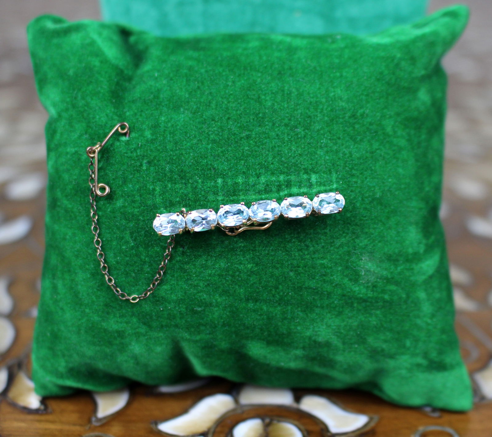 Edwardian 14ct Gold & Aquamarine Bar Brooch - 5