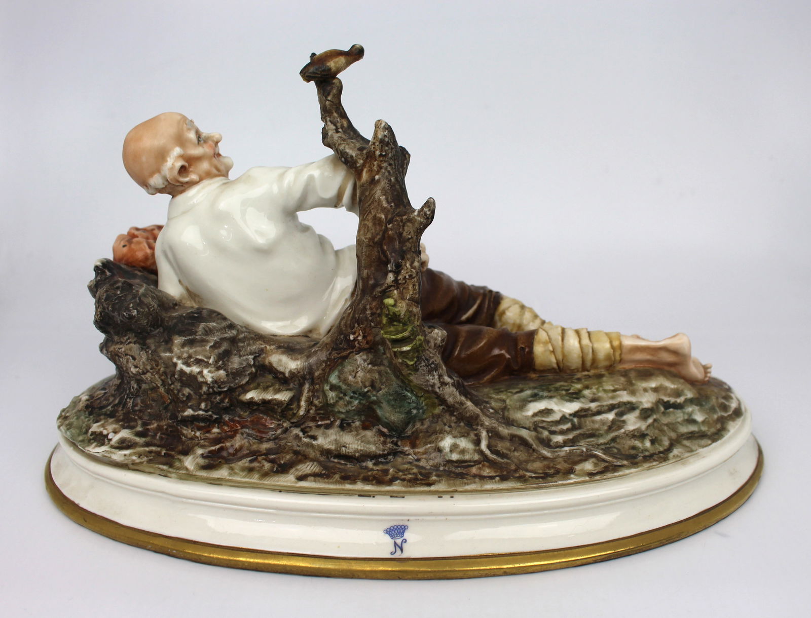 Vintage Capodimonte Sculpture Reclining Old Man & Bird - 3
