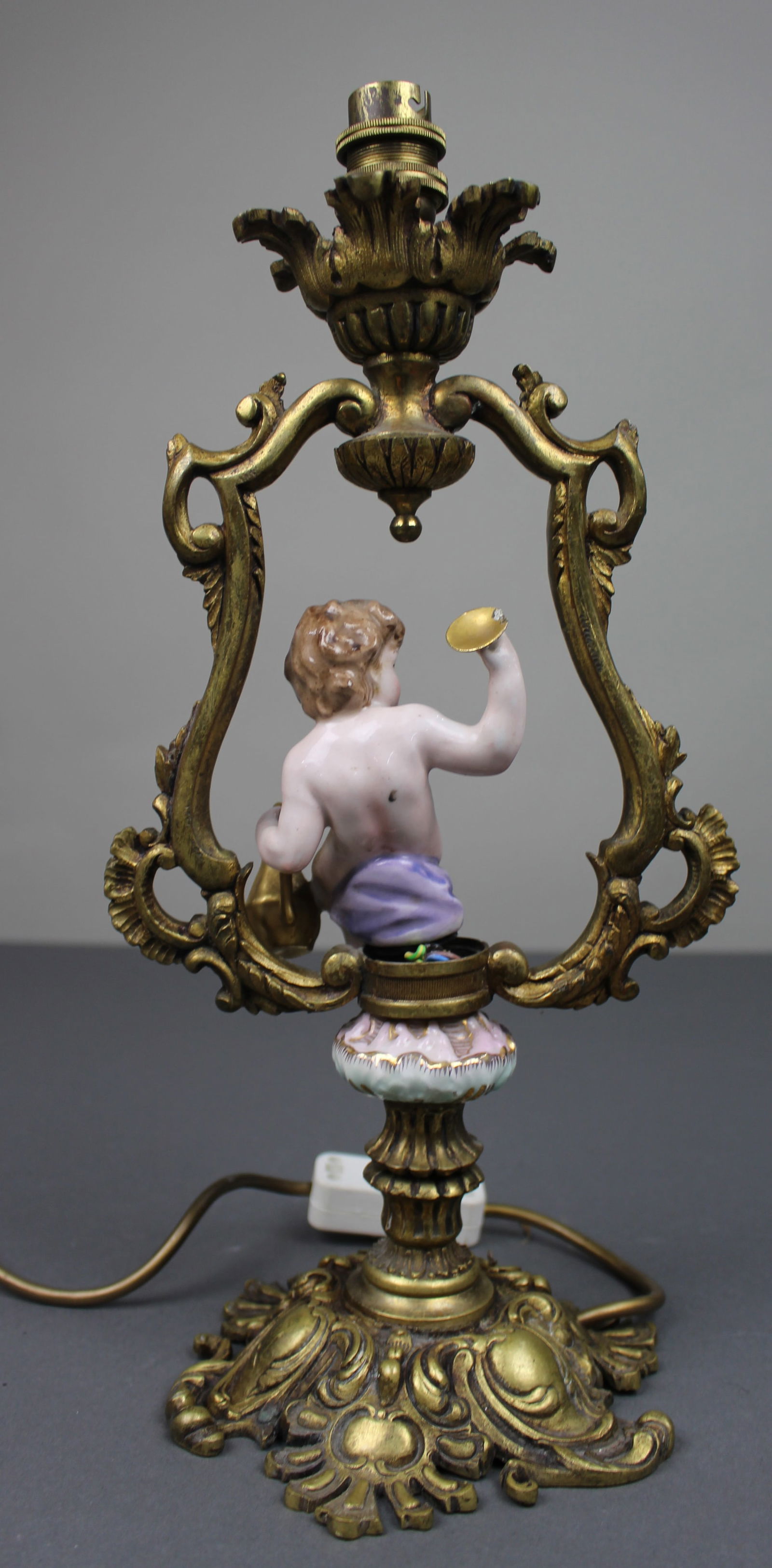 Antique Porcelain & Gilt Metal Cherub Table Lamp - 5