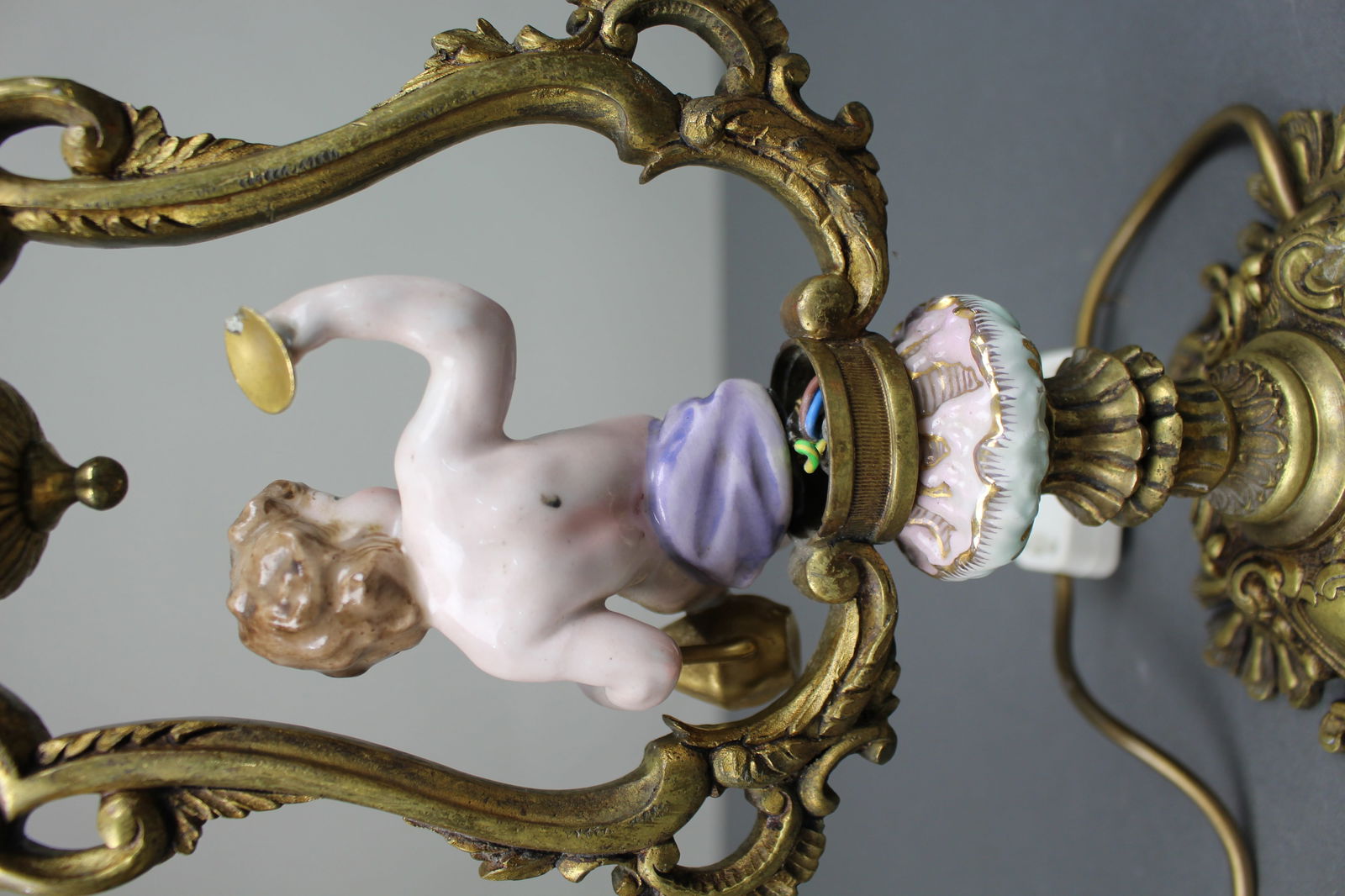Antique Porcelain & Gilt Metal Cherub Table Lamp - 6