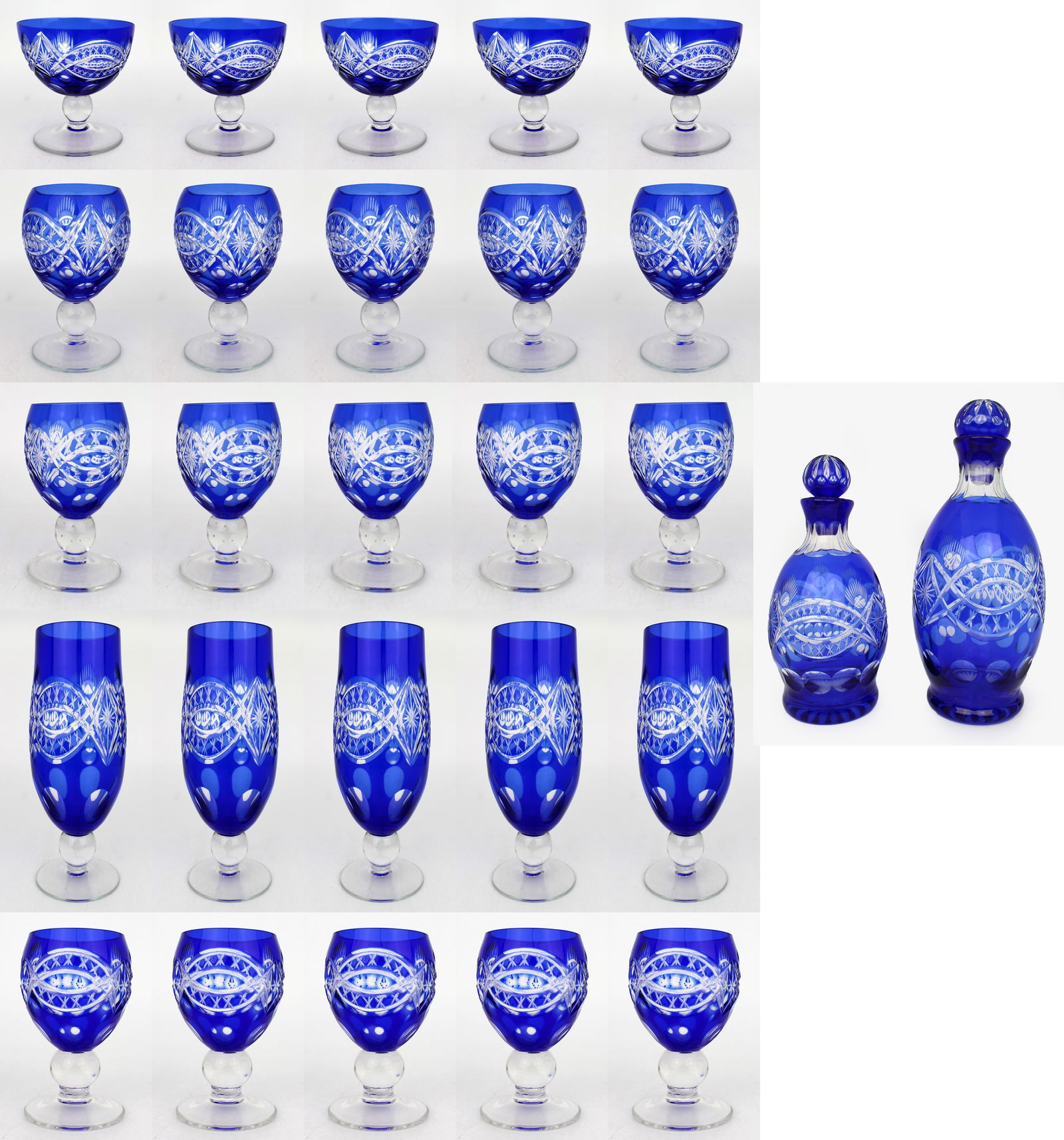 Antique Bohemian Cobalt Blue Overlay Cut Crystal Suite, 27 Pieces – Circa 1910 (1 of 17)