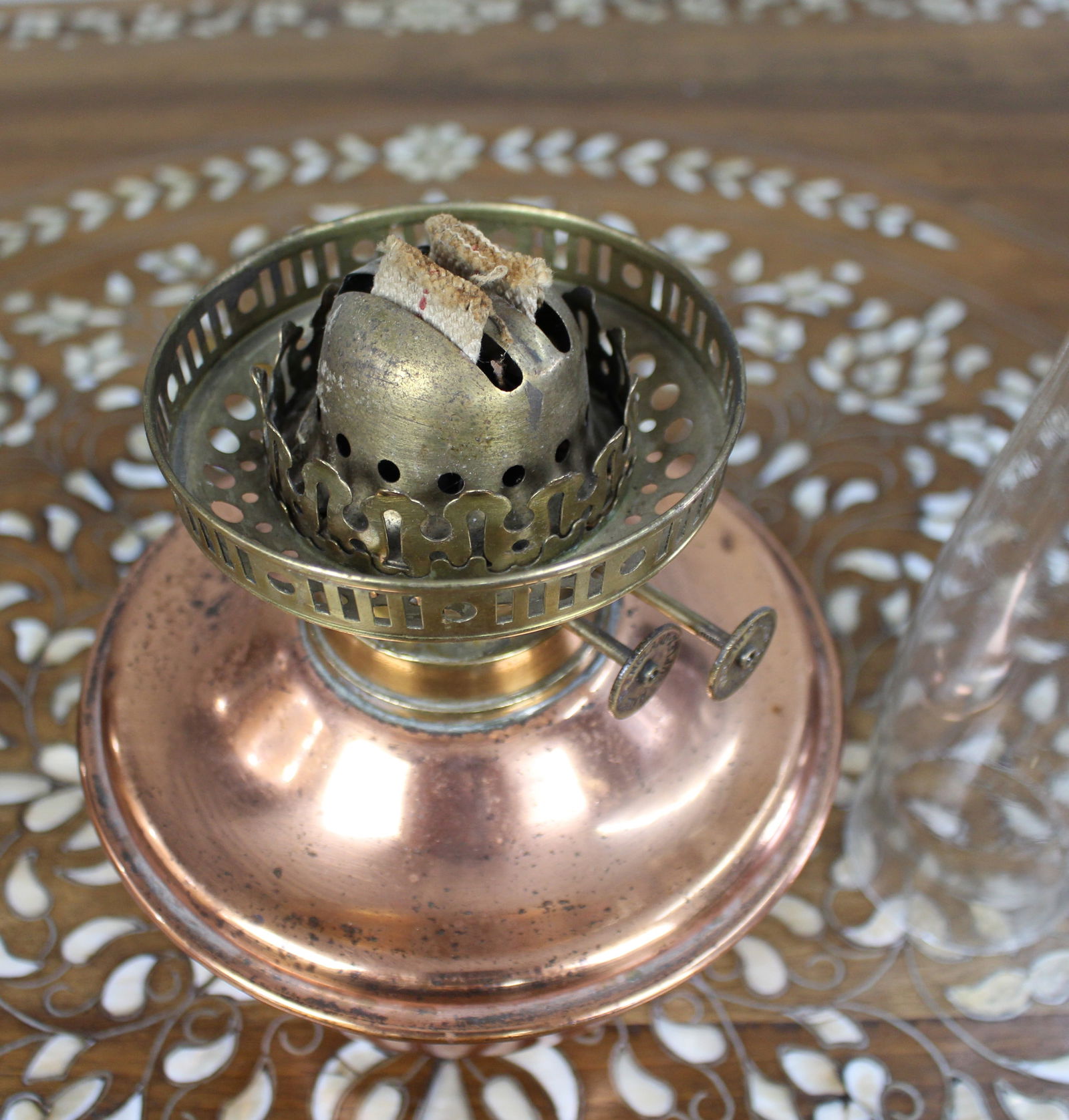 Antique English Copper & Brass Oil Lamp – Duplex Burner - 6