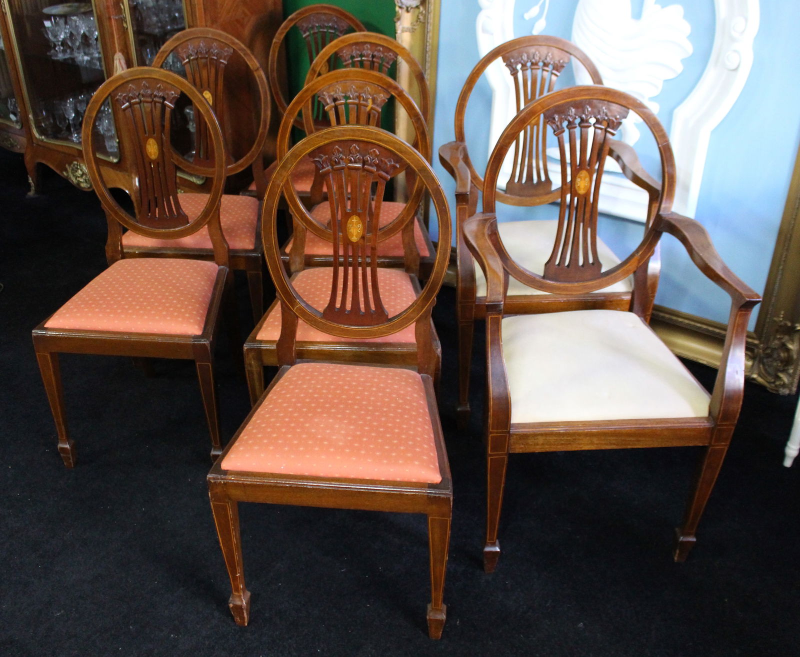 Set of Eight Vintage Mahogany Inlaid Dining Chairs (1 of 9)
