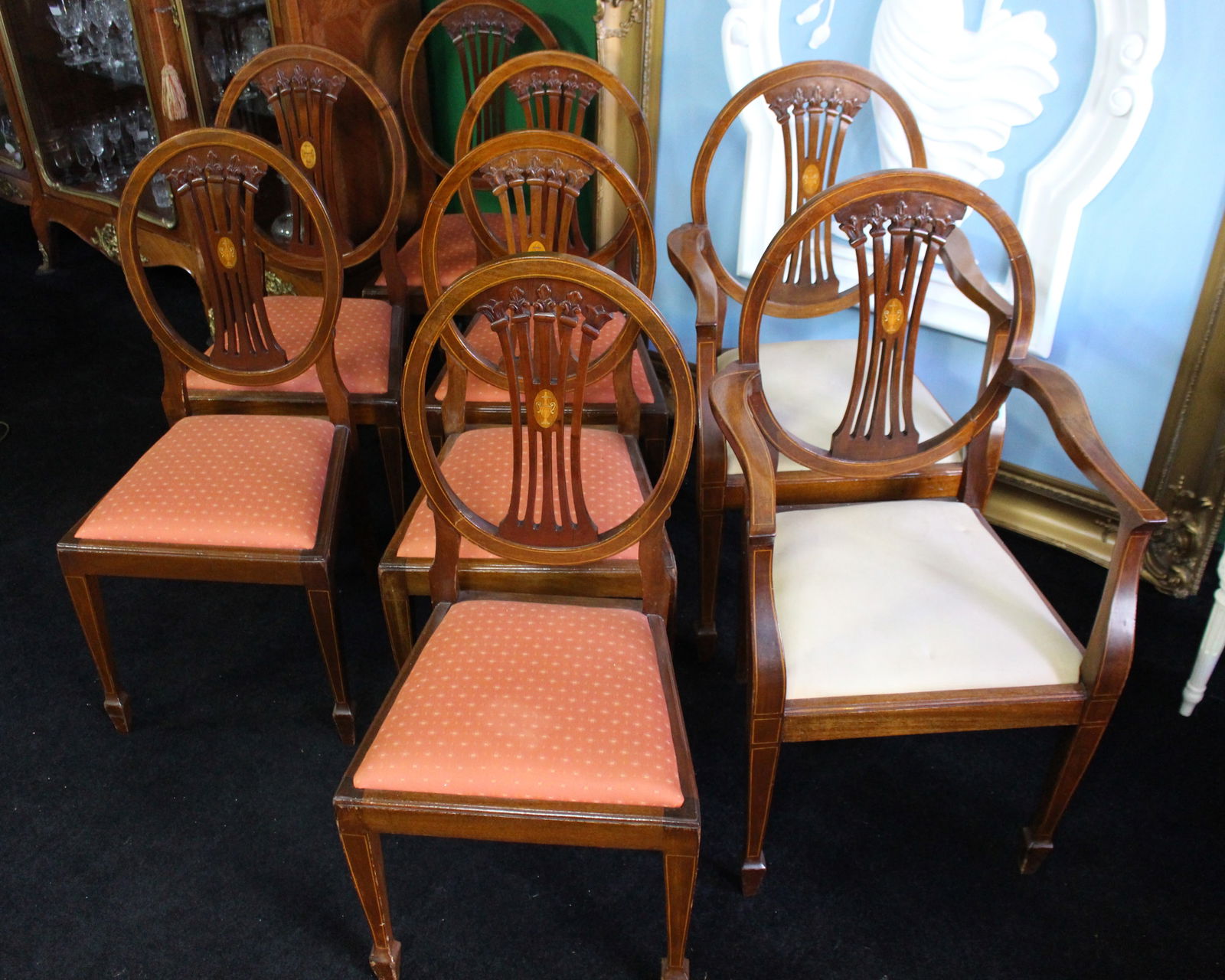 Set of Eight Vintage Mahogany Inlaid Dining Chairs - 2