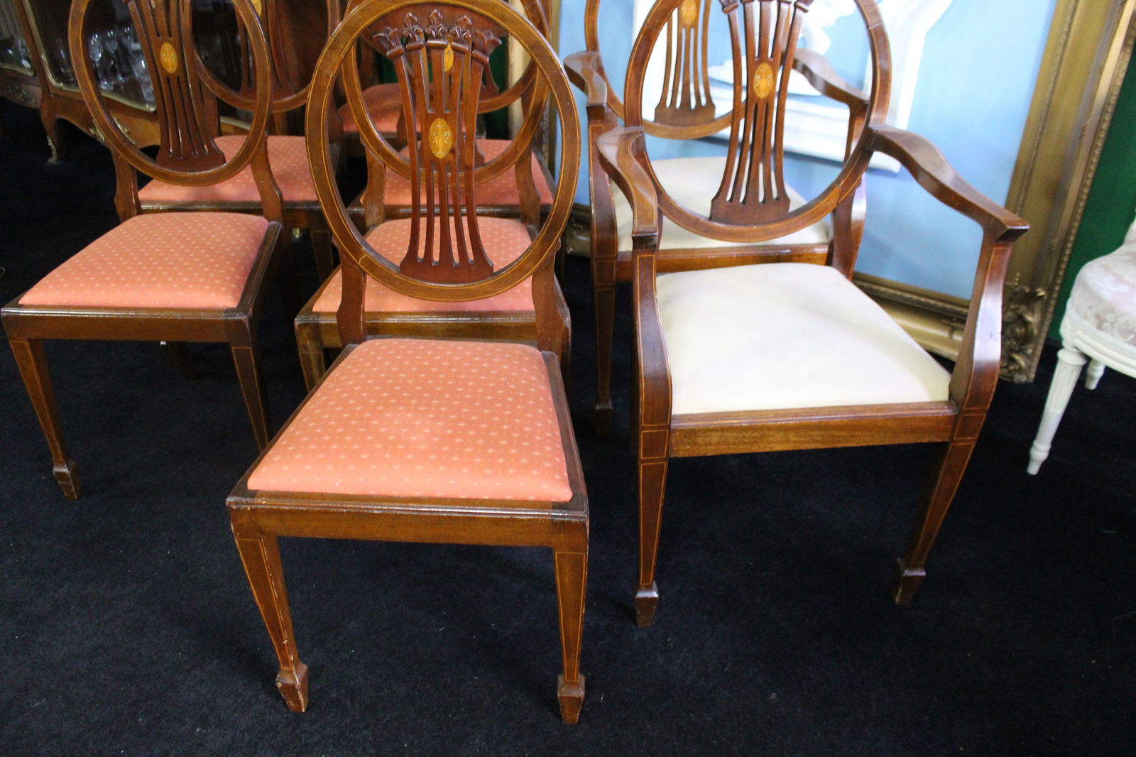 Set of Eight Vintage Mahogany Inlaid Dining Chairs - 3