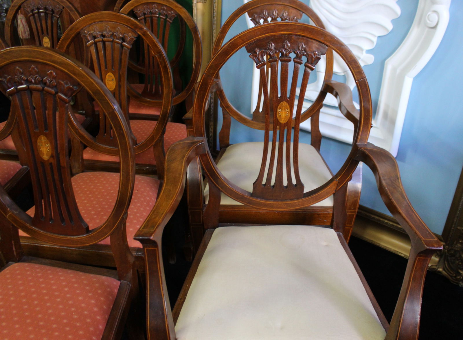 Set of Eight Vintage Mahogany Inlaid Dining Chairs - 4