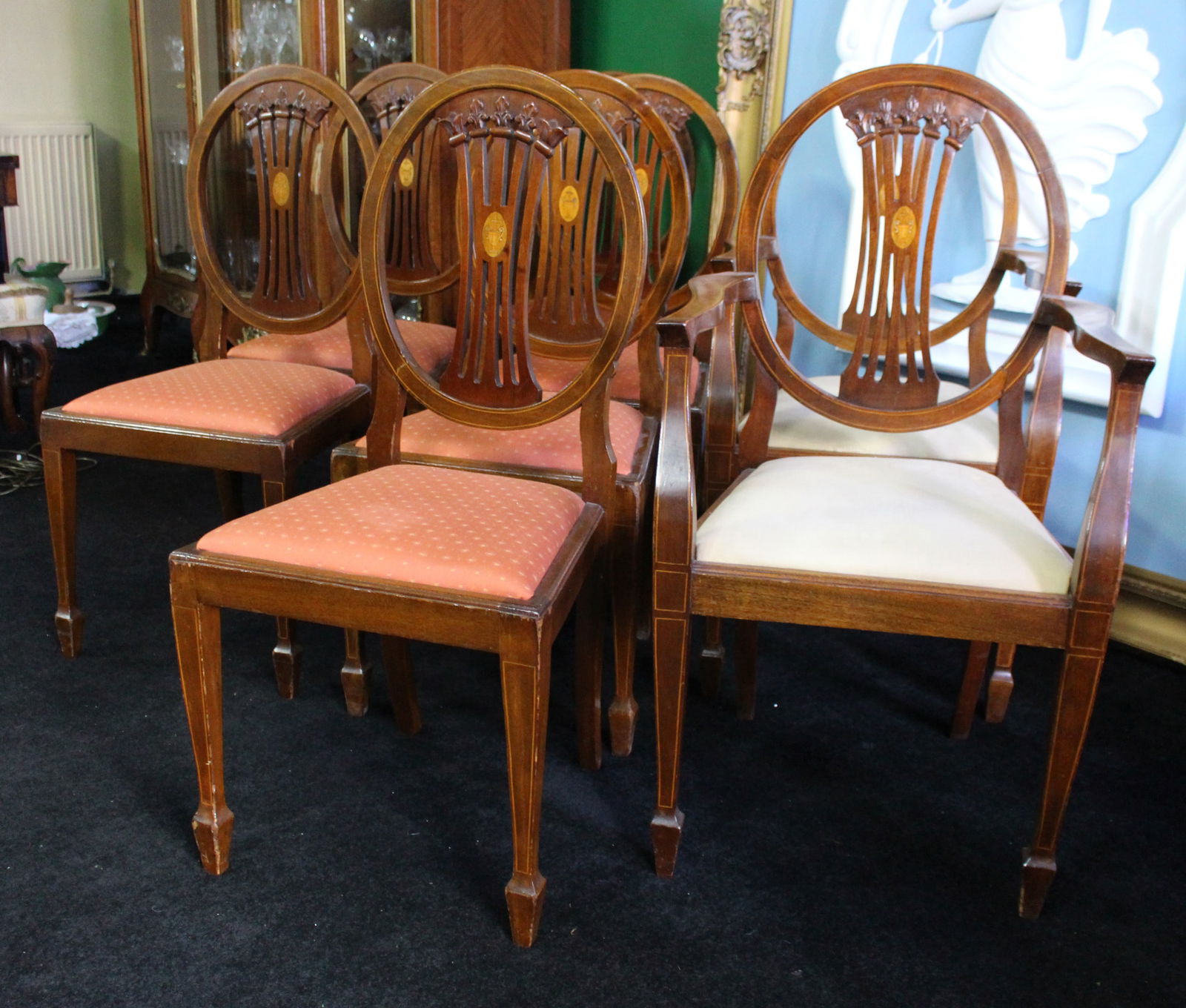 Set of Eight Vintage Mahogany Inlaid Dining Chairs - 5