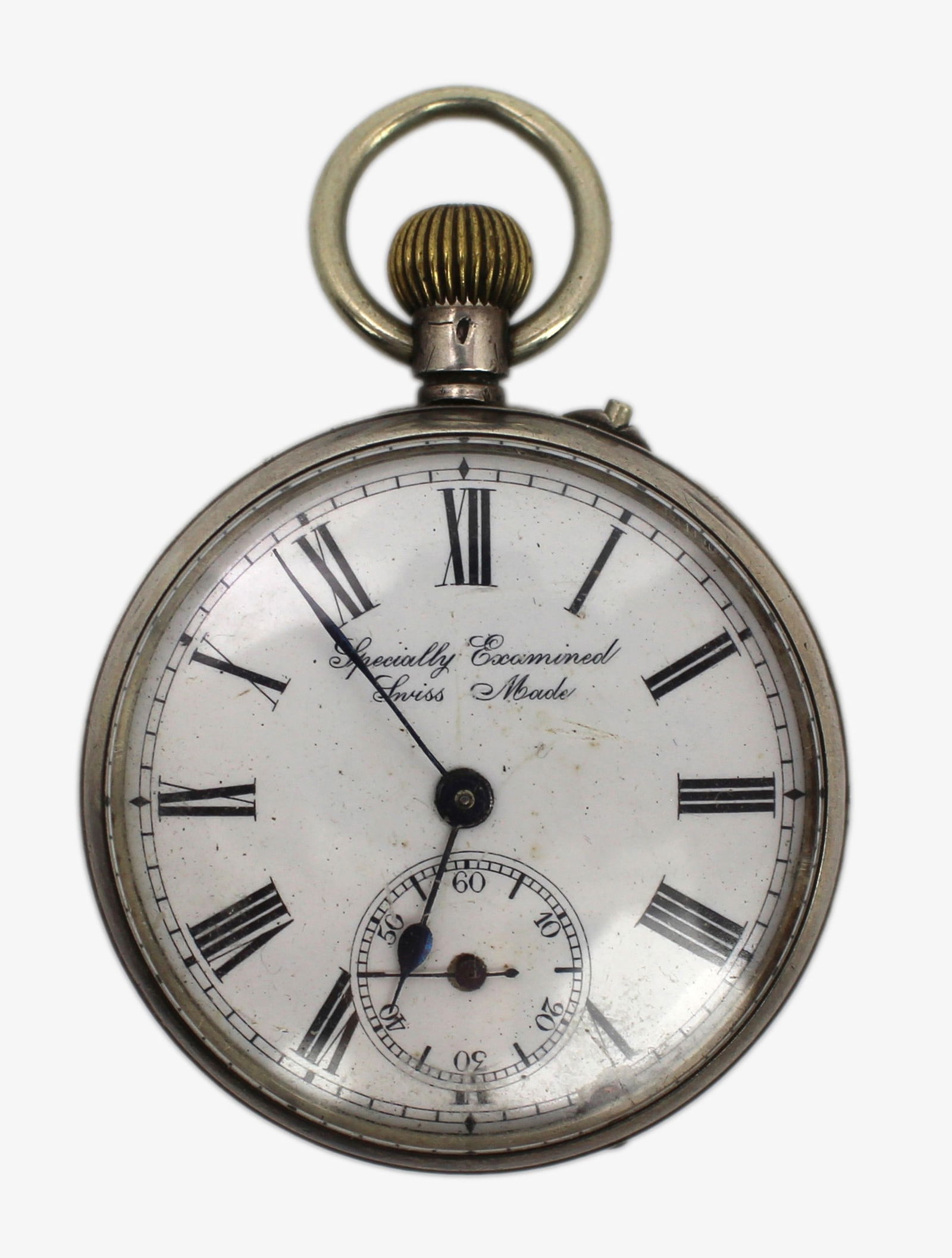 Antique Swiss Pocket Watch – Specially Examined: Title: Antique Swiss Pocket Watch – Specially Examined Description: Antique Swiss Pocket Watch – Specially Examined A vintage Swiss-made pocket watch with a classic white enamel