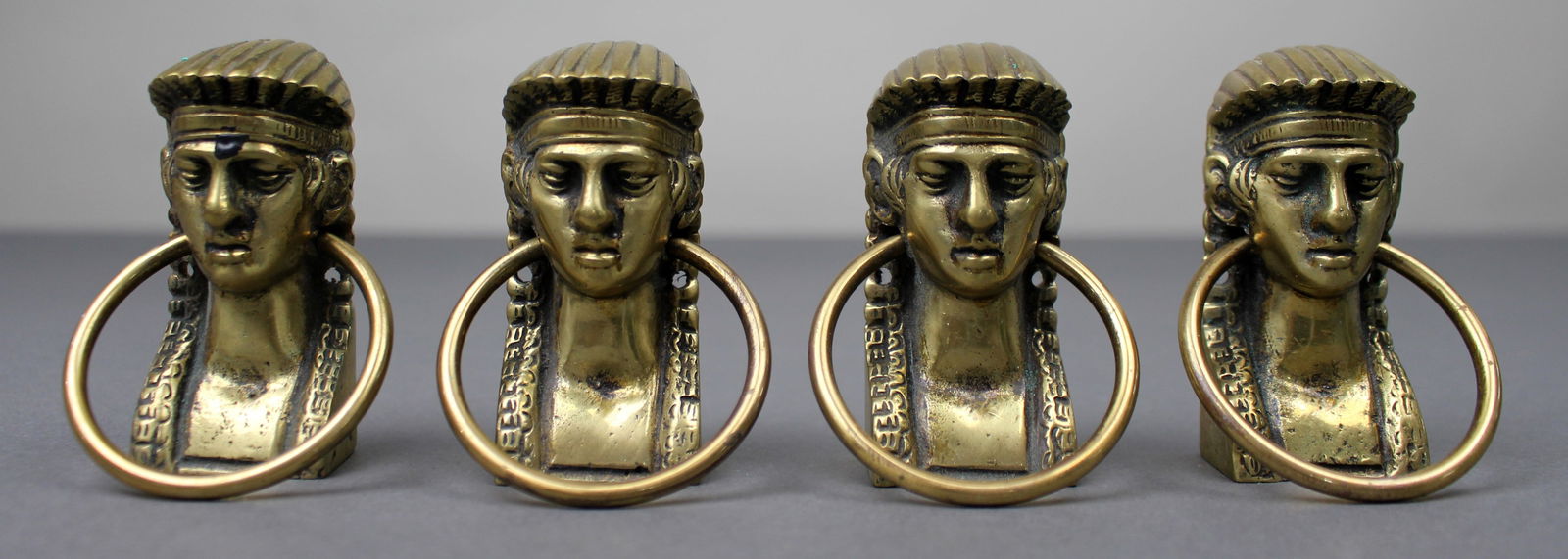 Set of Four Antique Brass Classical Female Head Ring Handles - 2