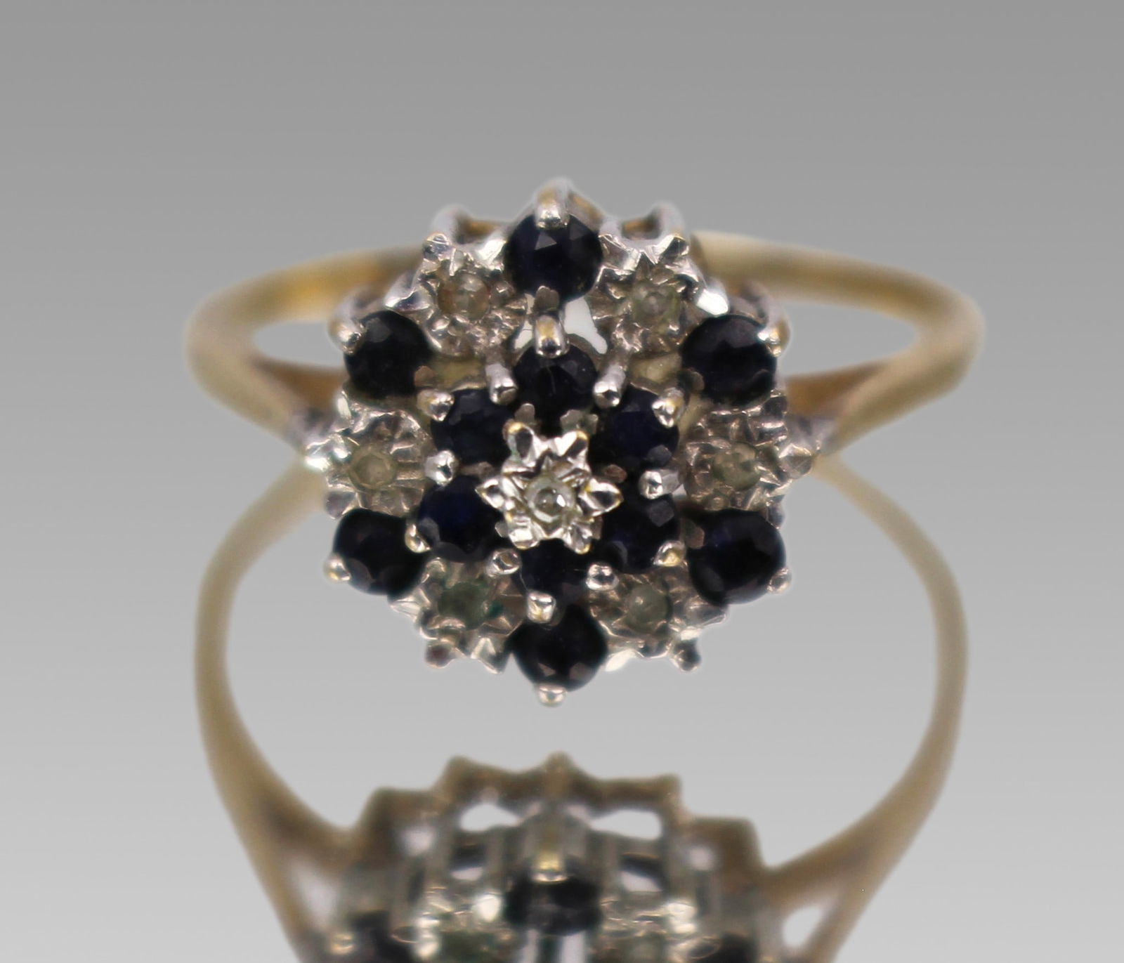 Vintage Sapphire & Diamond Ring: Title: Vintage Sapphire & Diamond Ring Description: Vintage Sapphire & Diamond Ring. The shank gold but not hallmarked. Sponsors mark to the shank along with crown.