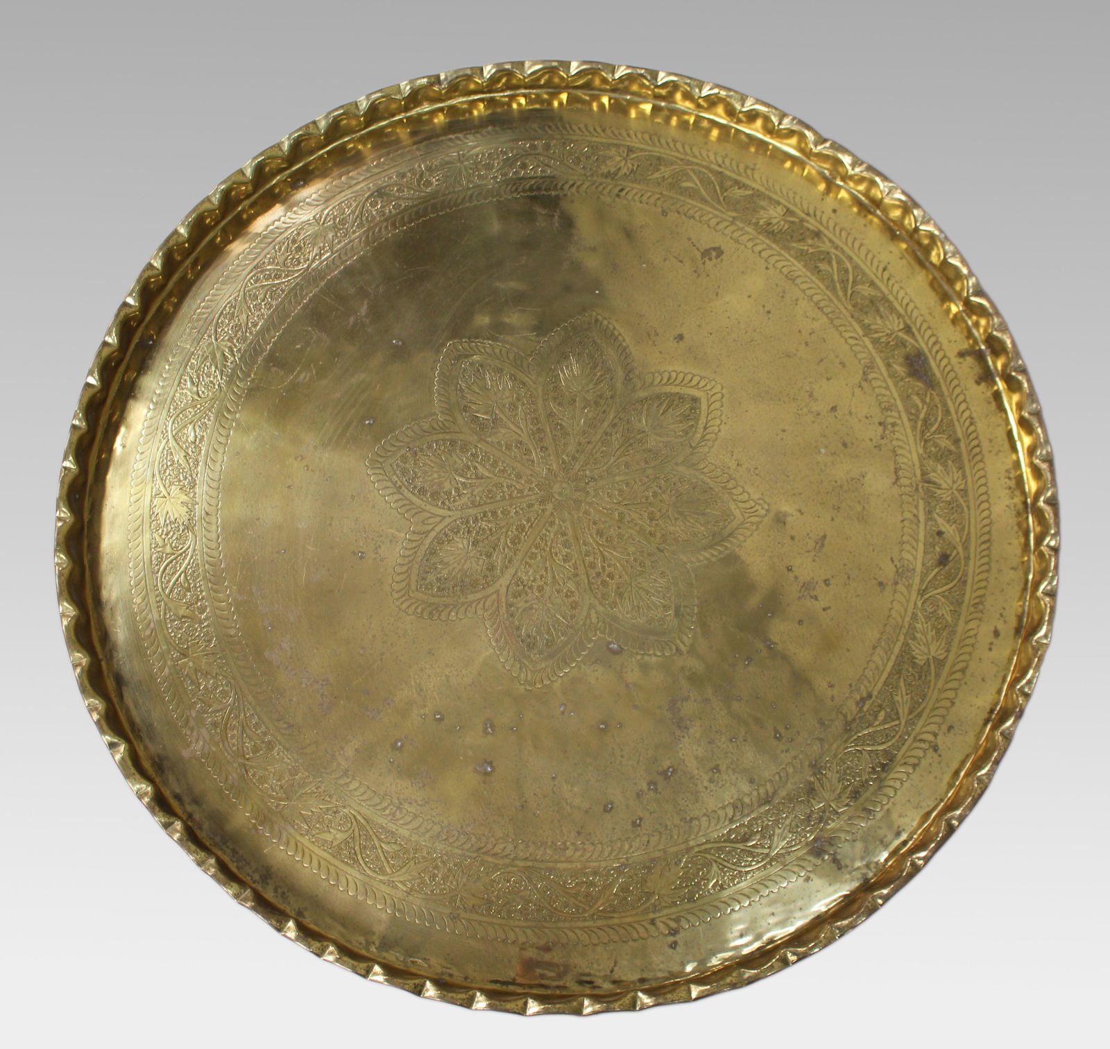 Large Middle Eastern Brass Tray Table on Carved Hardwood Folding Stand - 2