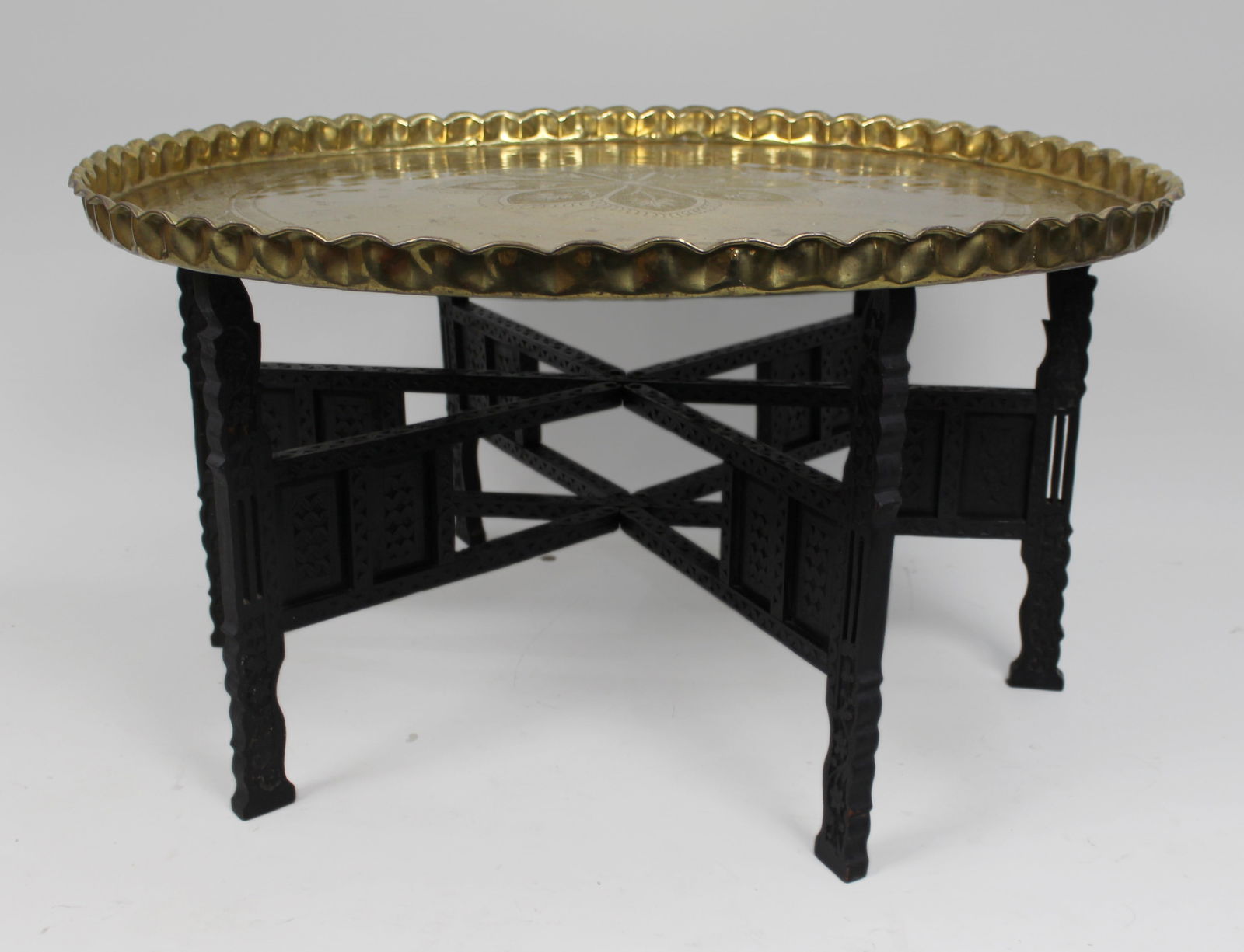 Large Middle Eastern Brass Tray Table on Carved Hardwood Folding Stand - 3