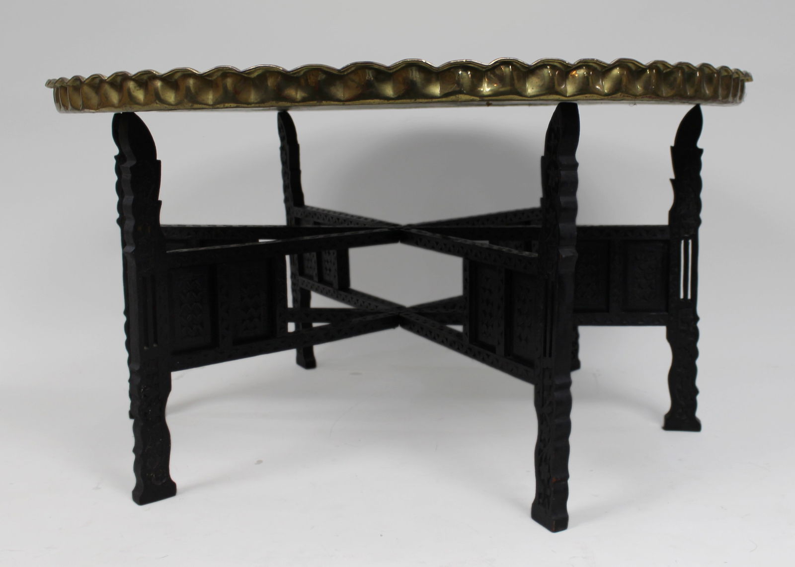 Large Middle Eastern Brass Tray Table on Carved Hardwood Folding Stand - 4