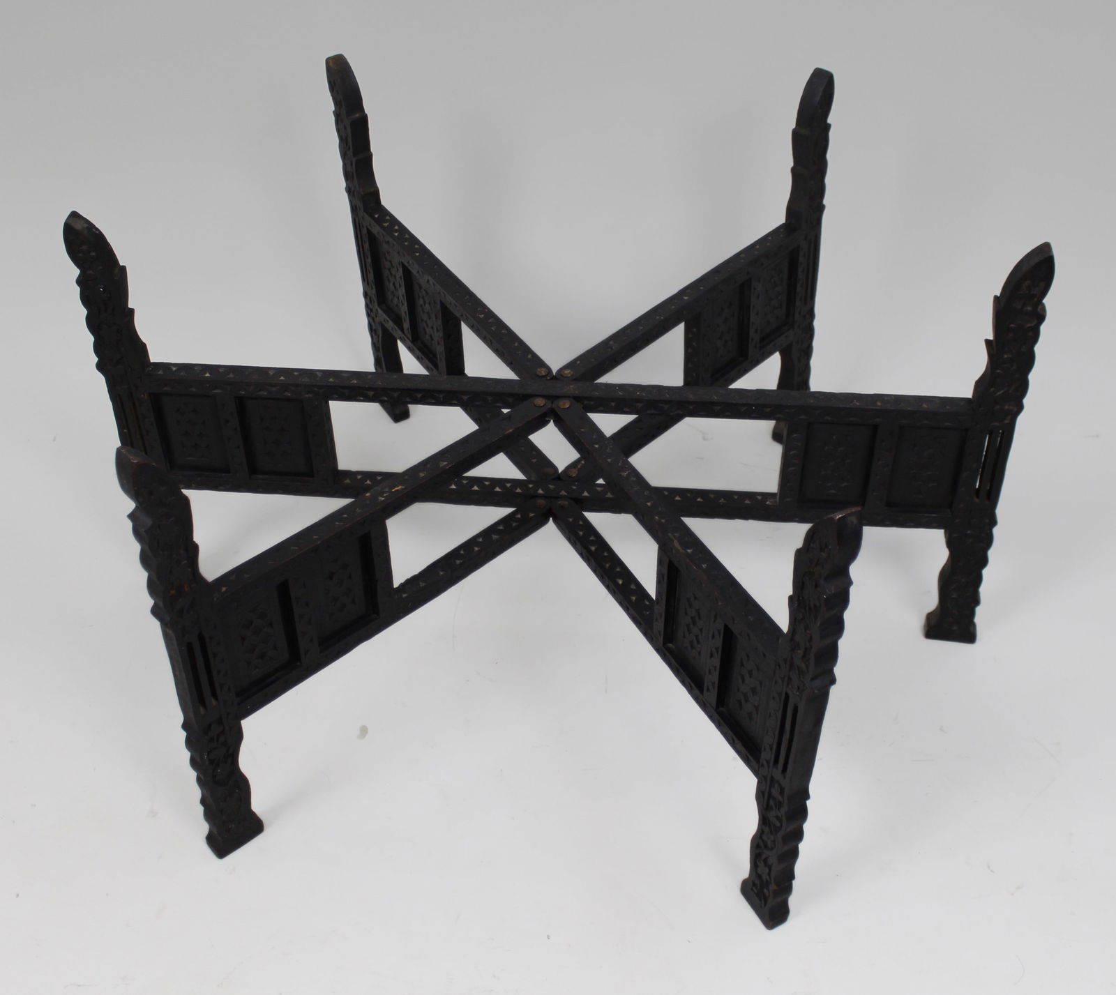 Large Middle Eastern Brass Tray Table on Carved Hardwood Folding Stand - 5