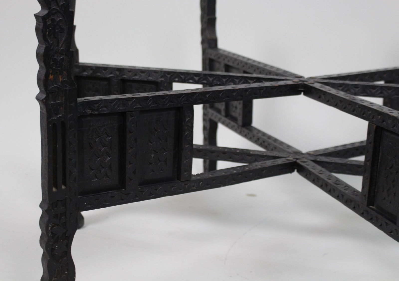 Large Middle Eastern Brass Tray Table on Carved Hardwood Folding Stand - 6