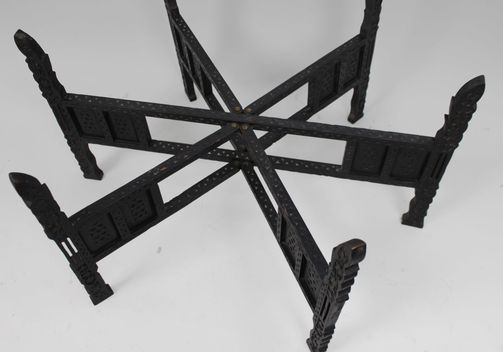 Large Middle Eastern Brass Tray Table on Carved Hardwood Folding Stand - 7