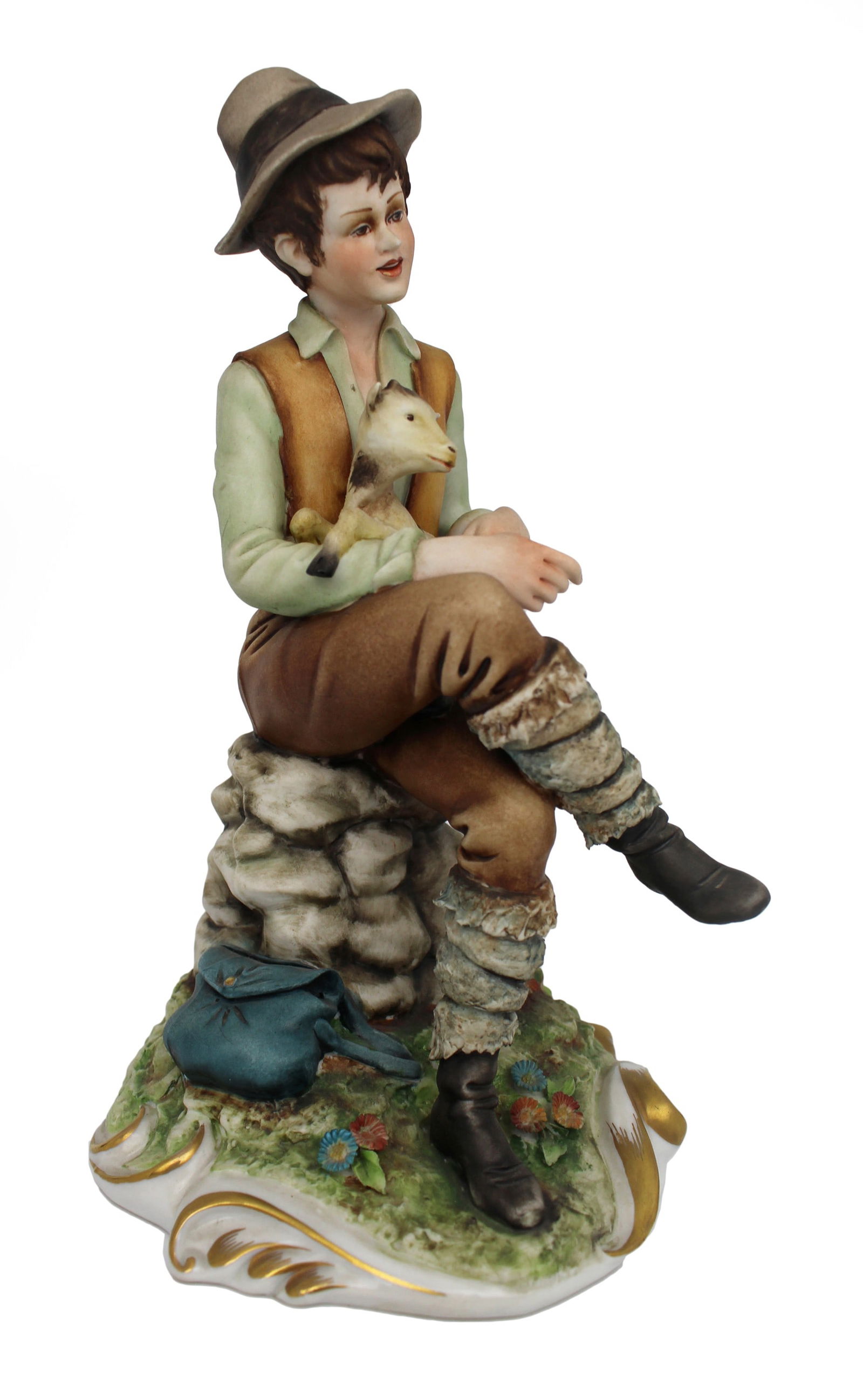 Capodimonte Shepherd Boy Figurine: Title: Capodimonte Shepherd Boy Figurine Description: Capodimonte Shepherd Boy Figurine Made in Italy, c.1970. Finely modelled with lots of detail, hand painted. Capodimonte Tramp on Fence. 