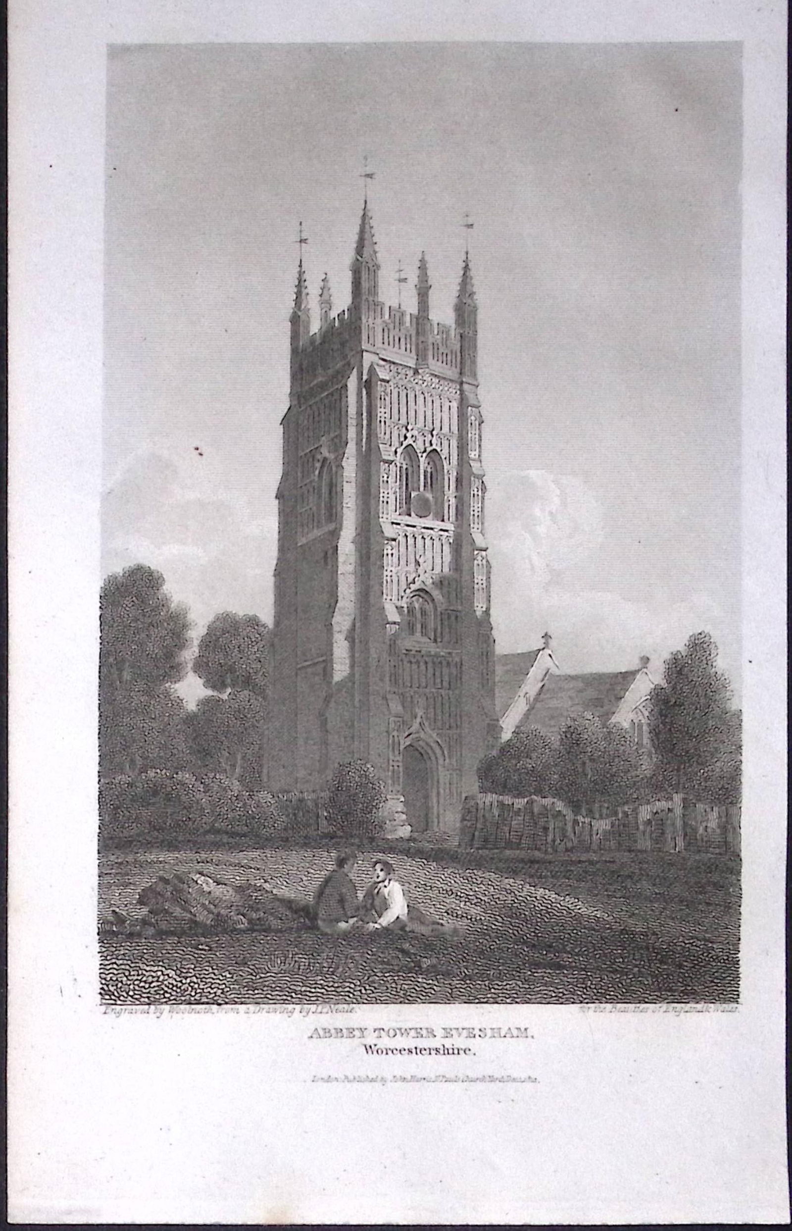 Abbey Tower Evesham Worcester Antique 212 Years-Old Georgian Steel-Engraving-401 (1 of 2)
