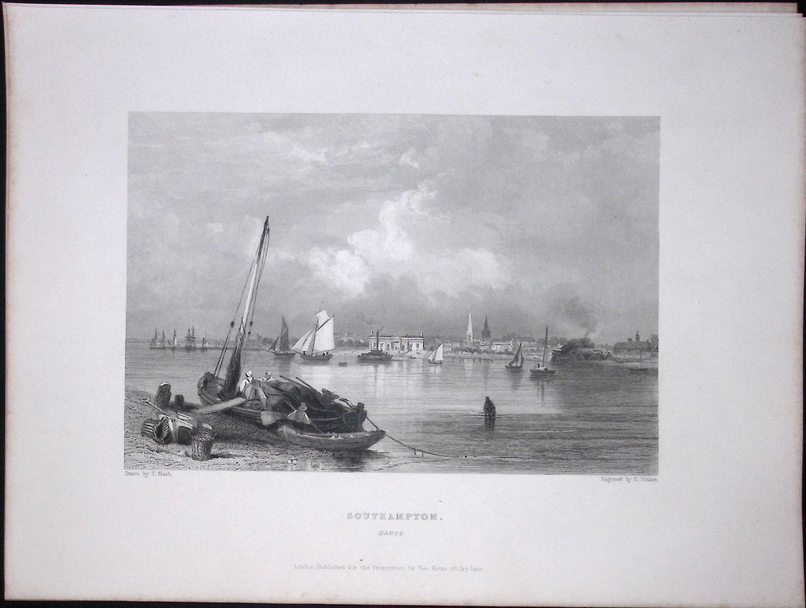 Southampton View of The City WH Bartlett 183 Years-Old Antique Steel Engraving-19: Title: Southampton View of The City WH Bartlett 183 Years-Old Antique Steel Engraving-19 Description: This Steel Engraved Print Has Been Removed from an Antique 1842 Edition of. <