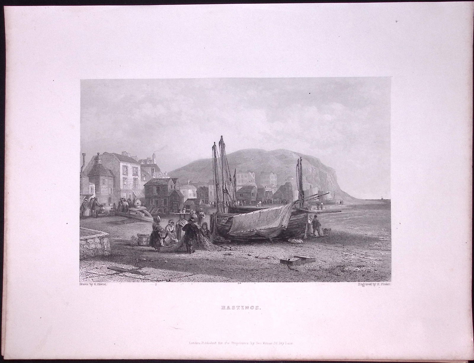 Hastings View on The Beach WH Bartlett 183 Years-Old Antique Steel Engraving-29: Title: Hastings View on The Beach WH Bartlett 183 Years-Old Antique Steel Engraving-29 Description: This Steel Engraved Print Has Been Removed from an Antique 1842 Edition of.