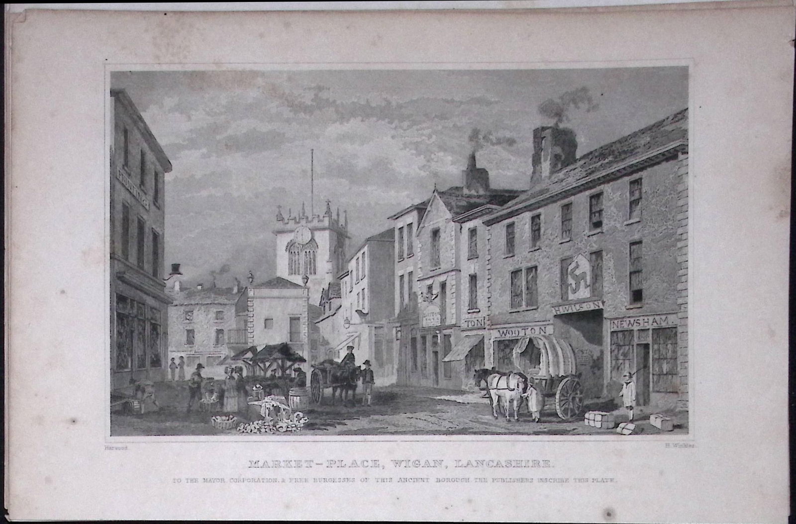 Wigan Market Place Lancashire Antique 195 Years-Old Steel-Engraving-30: Title: Wigan Market Place Lancashire Antique 195 Years-Old Steel-Engraving-30 Description: This Antique Steel Engraving Was Removed from a 195-Year-Old Edition of.
