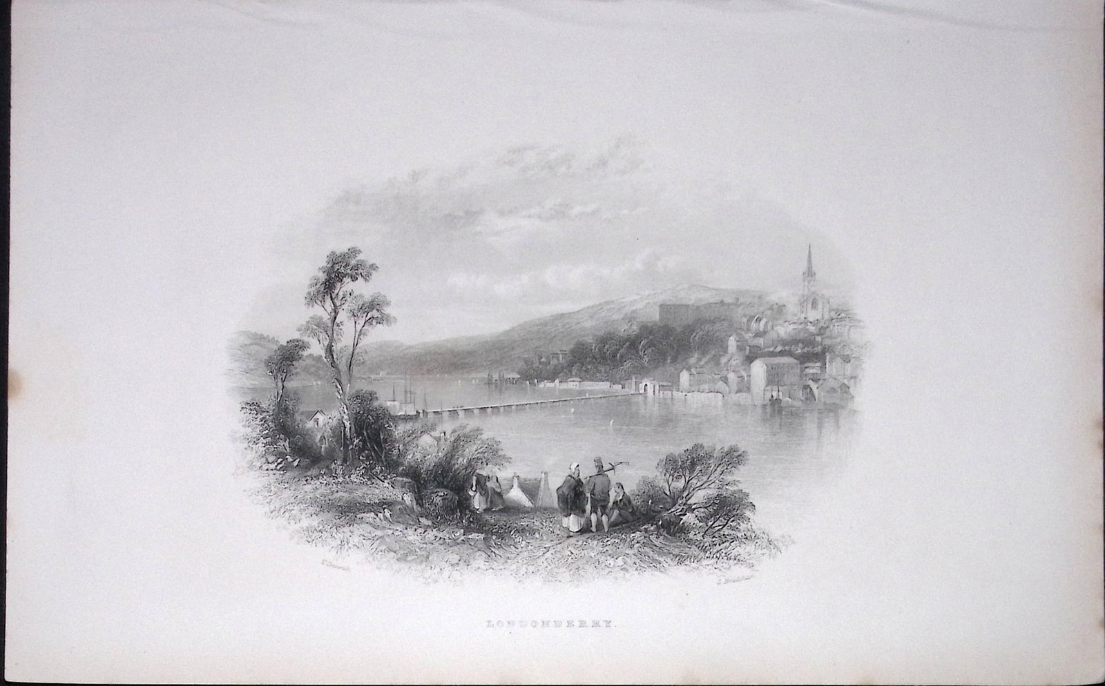 Ireland View of Londonderry Antique 183 Years-Old Steel-Engraving-44.: Title: Ireland View of Londonderry Antique 183 Years-Old Steel-Engraving-44. Description: The Scenery and Antiquities of Ireland, Illustrations by WH Barlett. 