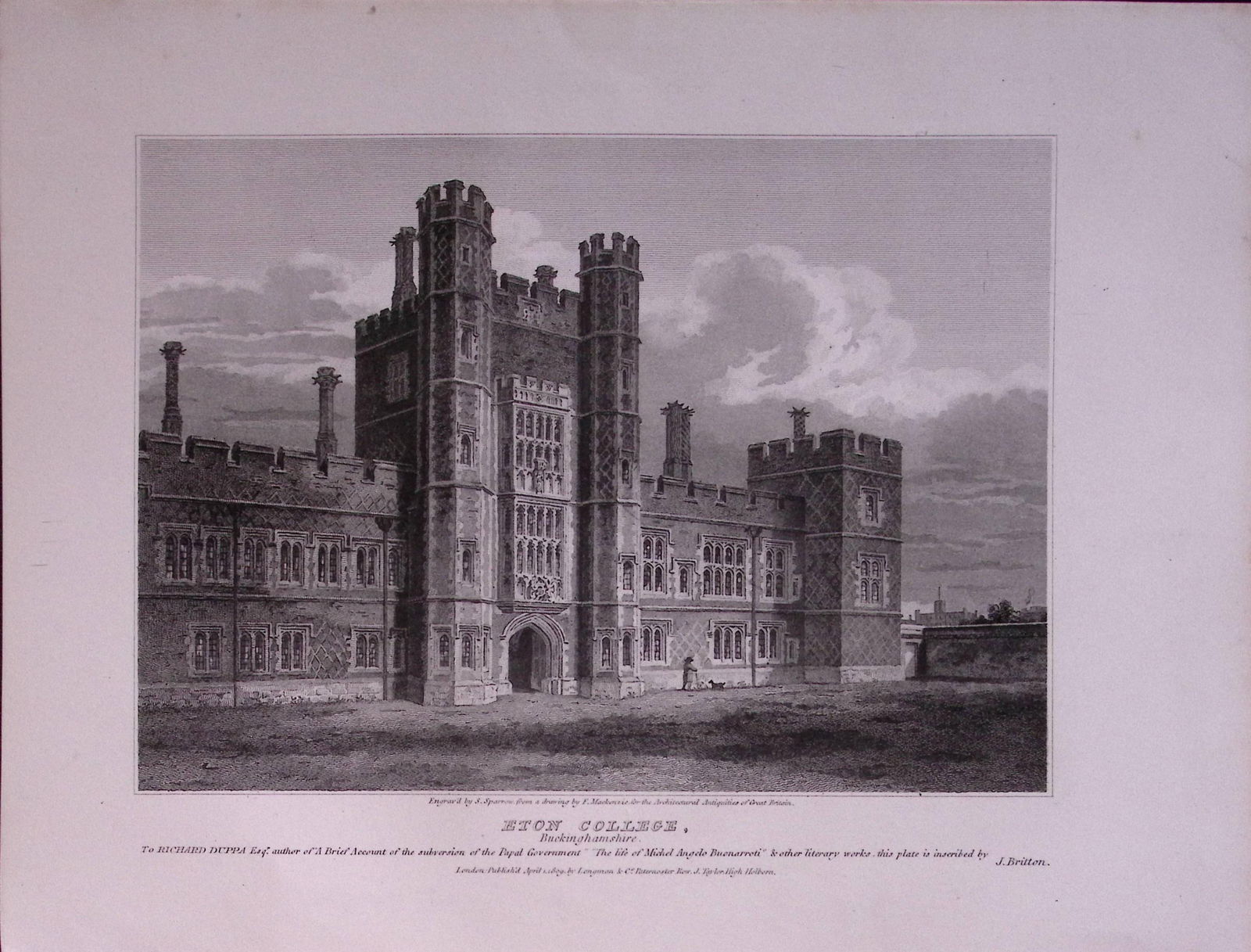 Eton College Buckinghamshire 190 Years-Old John Britton Antique Steel Engraving-219: Title: Eton College Buckinghamshire 190 Years-Old John Britton Antique Steel Engraving-219 Description: This 191 Years-Old Steel Gilt-Edged Engraved Plate Has Been Removed from an An