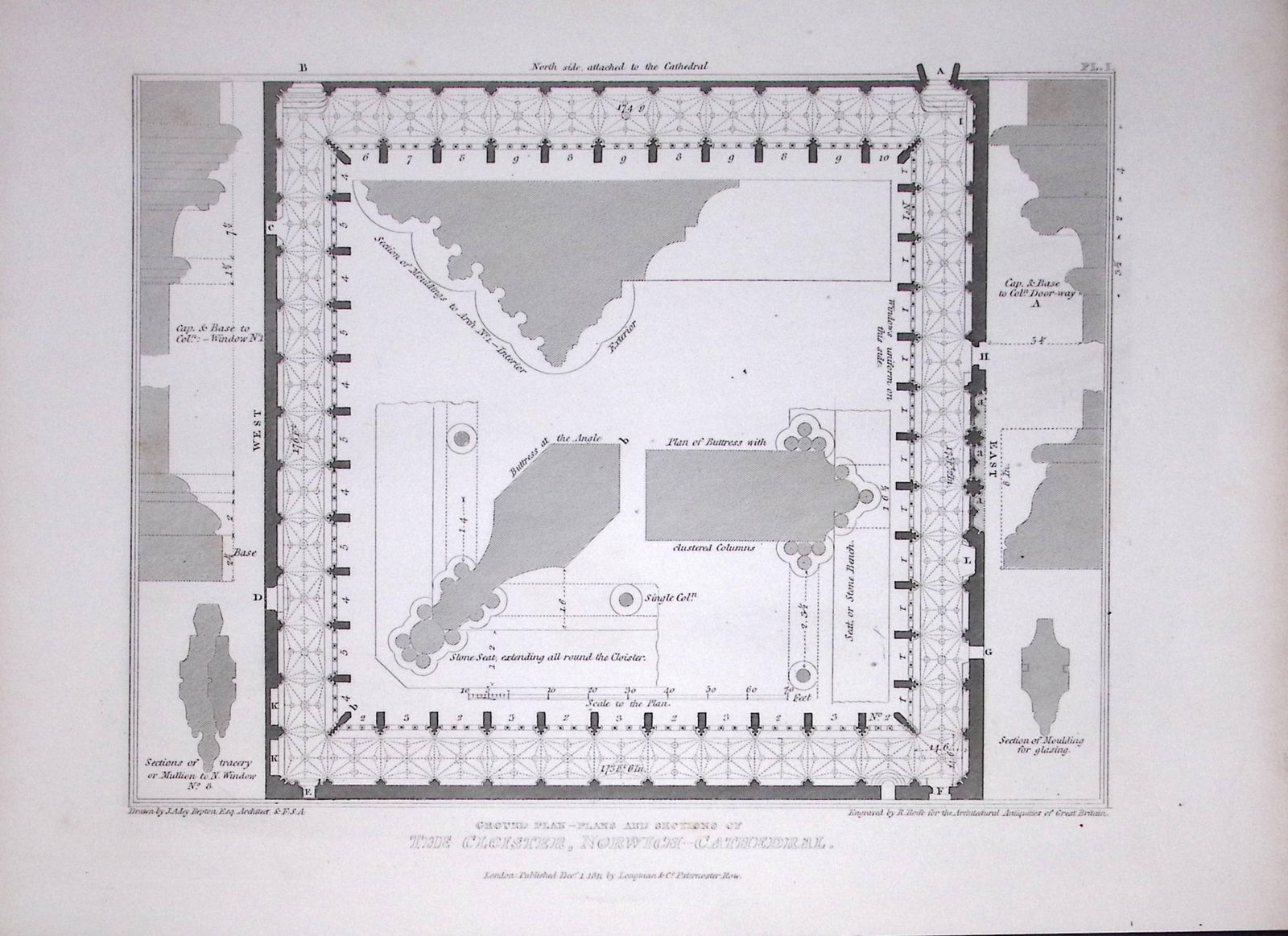 Norwich Cathedral 190 Years-Old John Britton Antique Steel Engraving-180: Title: Norwich Cathedral 190 Years-Old John Britton Antique Steel Engraving-180 Description: This 191 Years-Old Steel Gilt-Edged Engraved Plate Has Been Removed from an Antique Edition of. John