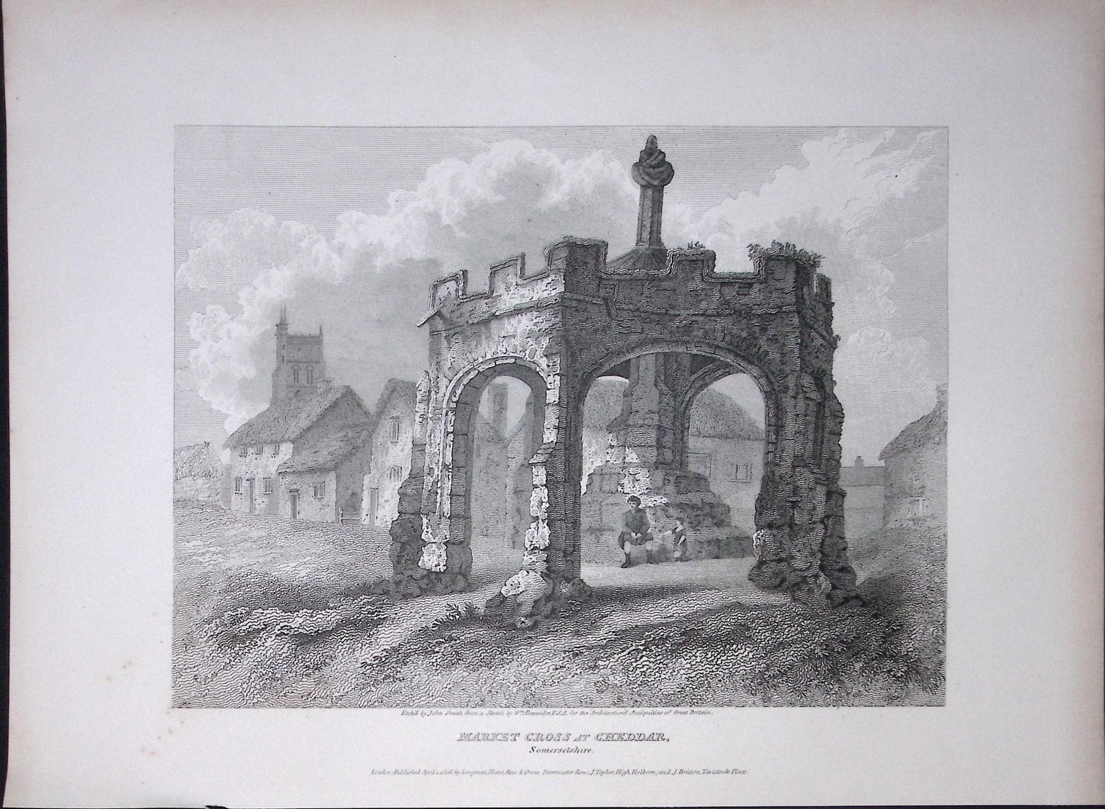 Market Cross At Cheddar Rare John Britton 191 Years-Old Antique Steel Engraving-27: Title: Market Cross At Cheddar Rare John Britton 191 Years-Old Antique Steel Engraving-27 Description: This 191 Years-Old Steel Gilt-Edged Engraved Plate Has Been Removed from an Antique Edition