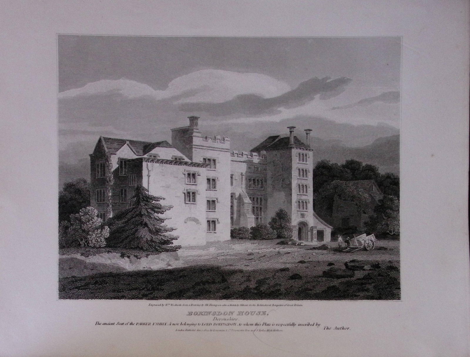 Borngdon House Devonshire 190 Years-Old John Britton Antique Steel Engraving-208: Title: Borngdon House Devonshire 190 Years-Old John Britton Antique Steel Engraving-208 Description: This 191 Years-Old Steel Gilt-Edged Engraved Plate Has Been Removed from an Antique Edition