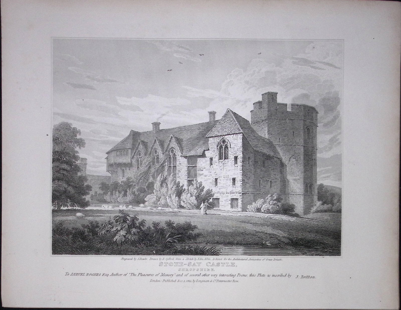 Stoke-Say Castle Shropshire 190 Years-Old Rare John Britton Antique Steel Engraving-102: Title: Stoke-Say Castle Shropshire 190 Years-Old Rare John Britton Antique Steel Engraving-102 Description: This 191 Years-Old Steel Gilt-Edged Engraved Plate Has Been Removed from a