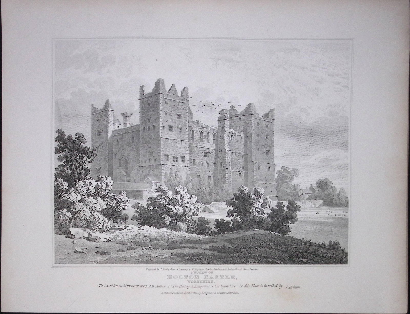 Bolton Castle Yorkshire 190 Years-Old Rare John Britton Antique Steel Engraving-109: Title: Bolton Castle Yorkshire 190 Years-Old Rare John Britton Antique Steel Engraving-109 Description: This 191 Years-Old Steel Gilt-Edged Engraved Plate Has Been Removed from an An